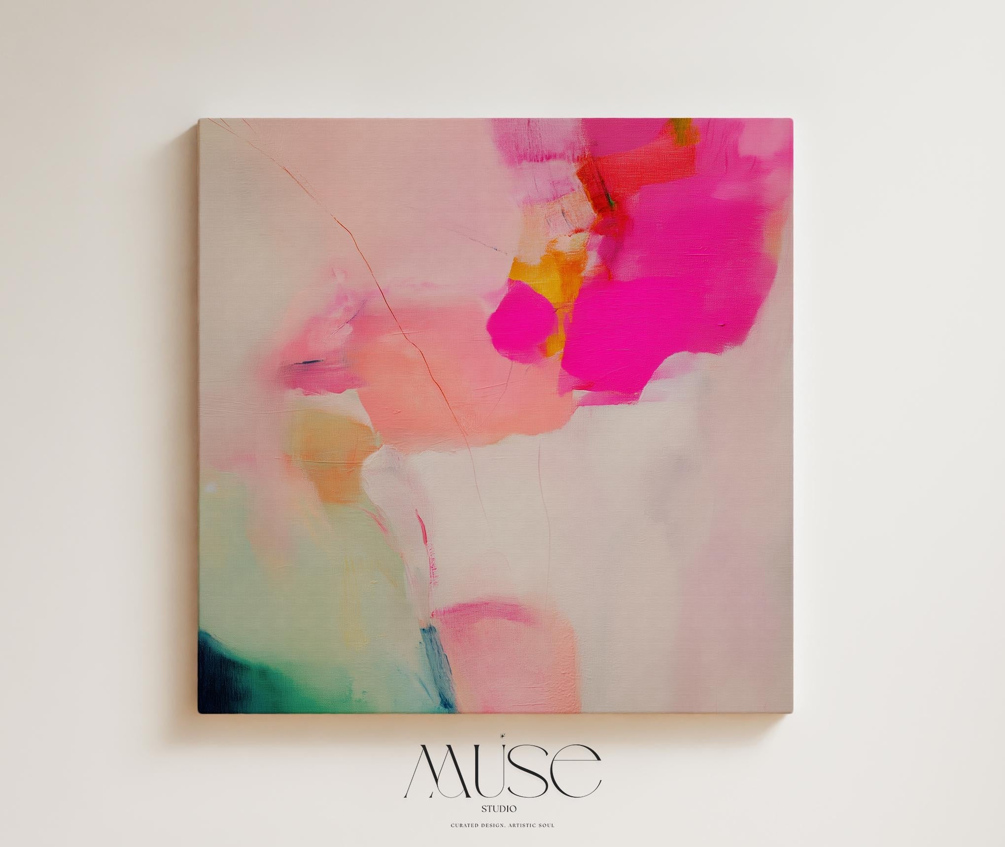 Abstract large canvas wall art featuring pastel botanical tones of fuchsia pink, blush, and aqua teal. Designed as a giclée print in a square format, this piece blends pastel softness with boho decor charm. Perfect for living rooms, dining rooms, or bedrooms, it creates a vibrant yet calming focal point. Offered as a gallery-wrapped large canvas wall art giclée print in multiple sizes for curated modern interiors.