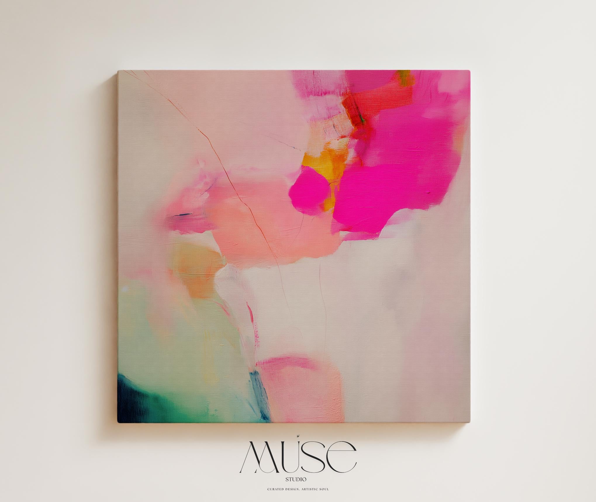 Abstract large canvas wall art featuring pastel botanical tones of fuchsia pink, blush, and aqua teal. Designed as a giclée print in a square format, this piece blends pastel softness with boho decor charm. Perfect for living rooms, dining rooms, or bedrooms, it creates a vibrant yet calming focal point. Offered as a gallery-wrapped large canvas wall art giclée print in multiple sizes for curated modern interiors.