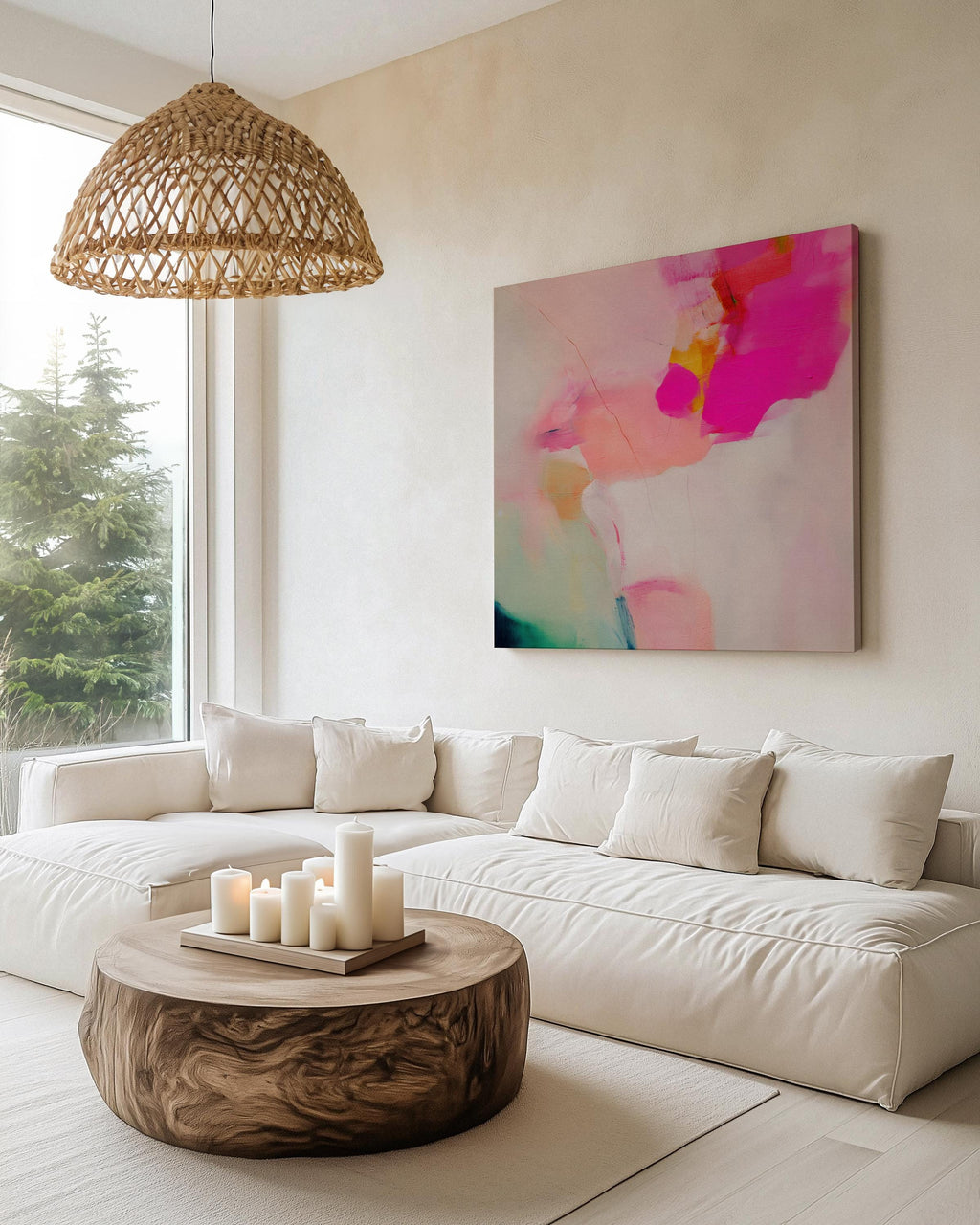 Abstract large canvas wall art featuring pastel botanical tones of fuchsia pink, blush, and aqua teal. Designed as a giclée print in a square format, this piece blends pastel softness with boho decor charm. Perfect for living rooms, dining rooms, or bedrooms, it creates a vibrant yet calming focal point. Offered as a gallery-wrapped large canvas wall art giclée print in multiple sizes for curated modern interiors.