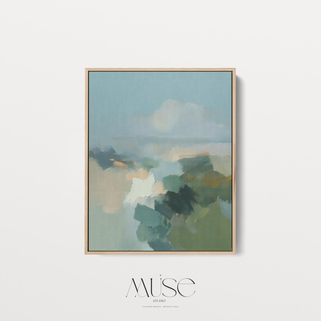 Vertical abstract wall art in teal blue and sage green with soft, misty brushstrokes inspired by nature. Large calming canvas artwork designed for living rooms, bedrooms, and entryways, styled for soft contemporary and coastal interiors. Available as a gallery-wrapped canvas, framed canvas, or fine art print.