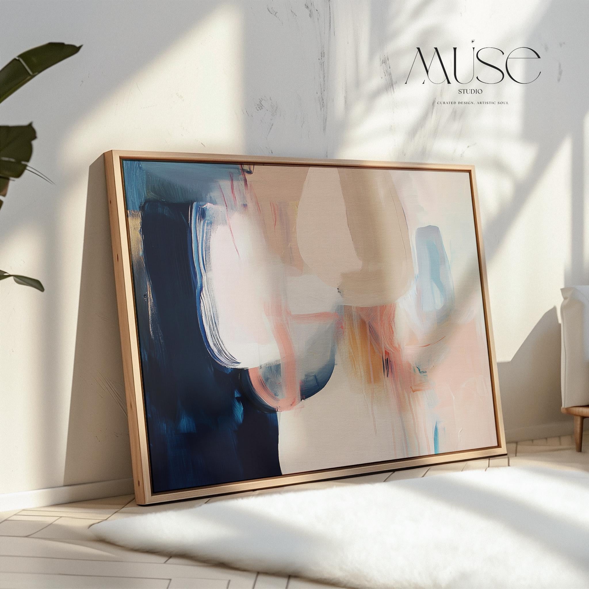 Large framed canvas wall art featuring blush, peach, ivory, muted blue, and navy tones in a horizontal abstract giclée print. Designed in muted neutral style with transitional and soft contemporary appeal, this artwork is perfect for living rooms, dining rooms, or bedrooms. Its calming palette and painterly textures bring balance and elegance to interiors. Available as a floating framed canvas giclée print in multiple large sizes.