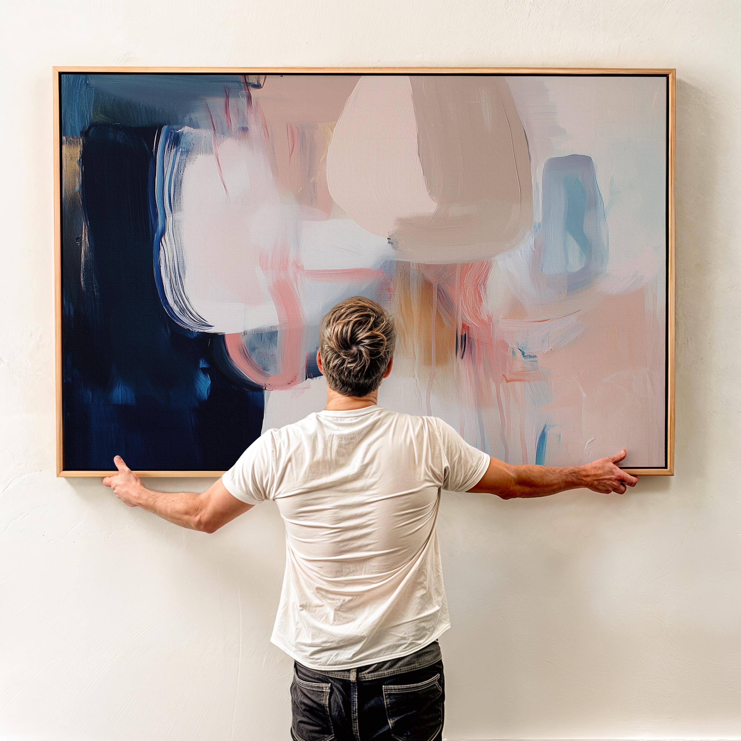 Large framed canvas wall art featuring blush, peach, ivory, muted blue, and navy tones in a horizontal abstract giclée print. Designed in muted neutral style with transitional and soft contemporary appeal, this artwork is perfect for living rooms, dining rooms, or bedrooms. Its calming palette and painterly textures bring balance and elegance to interiors. Available as a floating framed canvas giclée print in multiple large sizes.