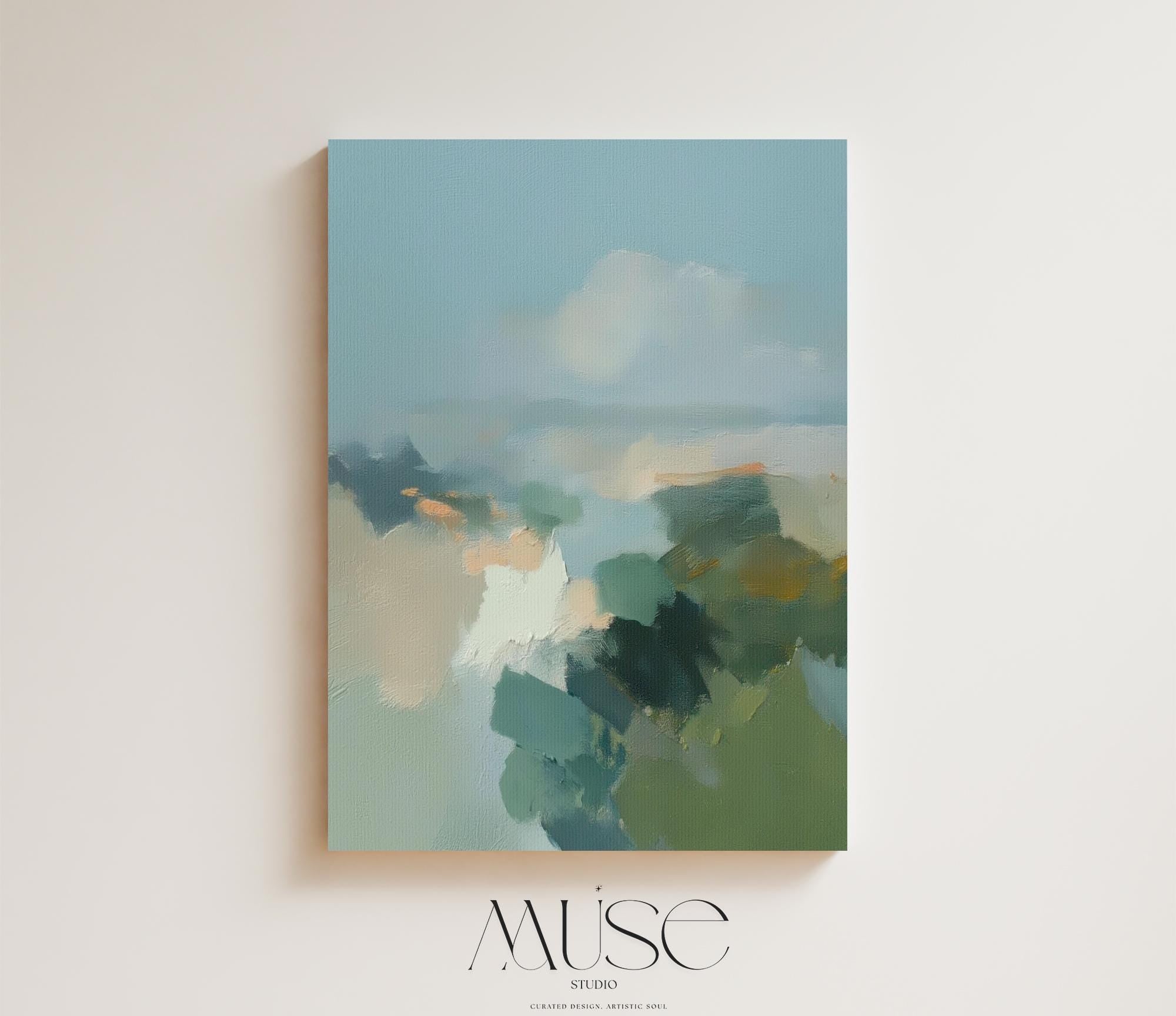 Vertical abstract wall art in teal, sage green, and muted earth tones with soft brushstrokes inspired by a horizon landscape. Large calming artwork designed for coastal and soft contemporary interiors, ideal for living rooms, bedrooms, or entryways. Available as gallery-wrapped canvas, framed canvas, or fine art print. Perfect for adding a serene, nature-inspired touch to modern wall decor.