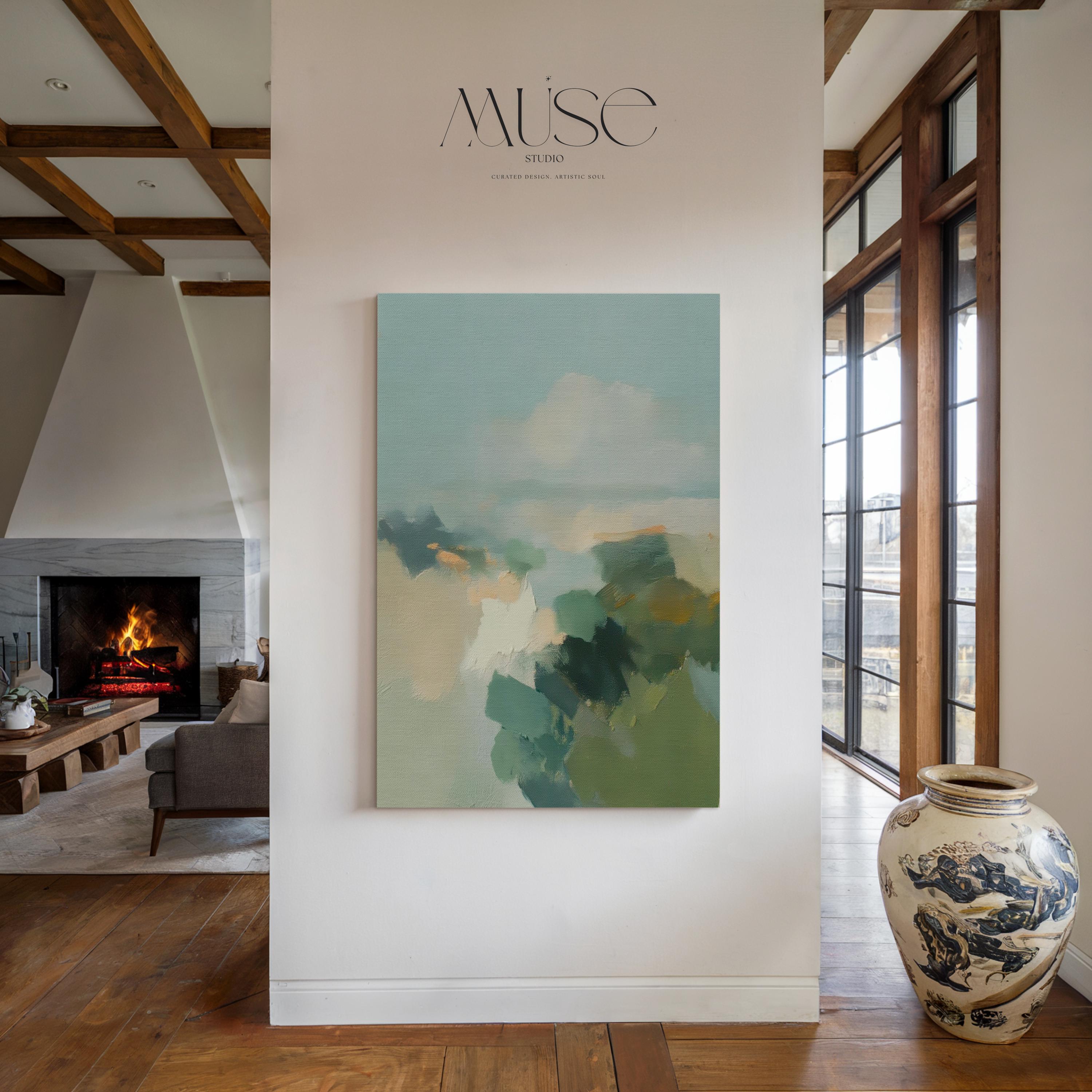 Vertical abstract wall art in teal, sage green, and muted earth tones with soft brushstrokes inspired by a horizon landscape. Large calming artwork designed for coastal and soft contemporary interiors, ideal for living rooms, bedrooms, or entryways. Available as gallery-wrapped canvas, framed canvas, or fine art print. Perfect for adding a serene, nature-inspired touch to modern wall decor.