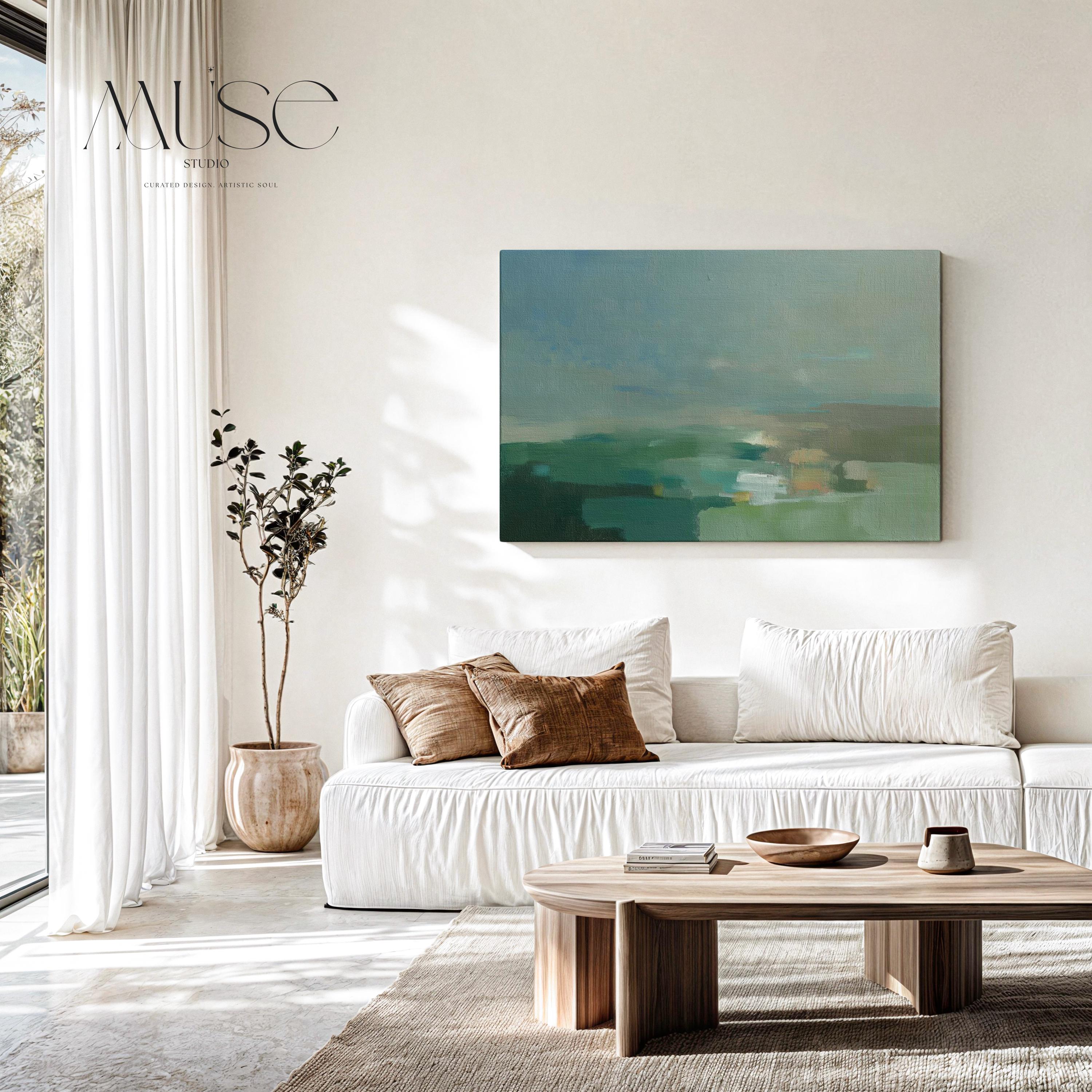 Horizontal abstract wall art in sage green, teal, and muted earth tones with soft blended brushstrokes that resemble a peaceful horizon. Large calming artwork designed for minimalist, nature-inspired, and coastal interiors. Perfect for living rooms, bedrooms, or entryways seeking serene modern decor. Available as gallery-wrapped canvas, framed canvas, or fine art print for versatile styling.