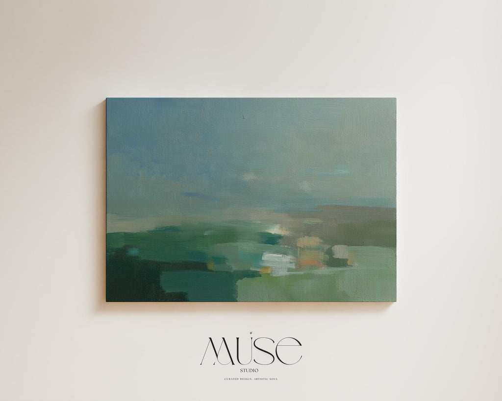 Horizontal abstract wall art in sage green, teal, and muted earth tones with soft blended brushstrokes that resemble a peaceful horizon. Large calming artwork designed for minimalist, nature-inspired, and coastal interiors. Perfect for living rooms, bedrooms, or entryways seeking serene modern decor. Available as gallery-wrapped canvas, framed canvas, or fine art print for versatile styling.