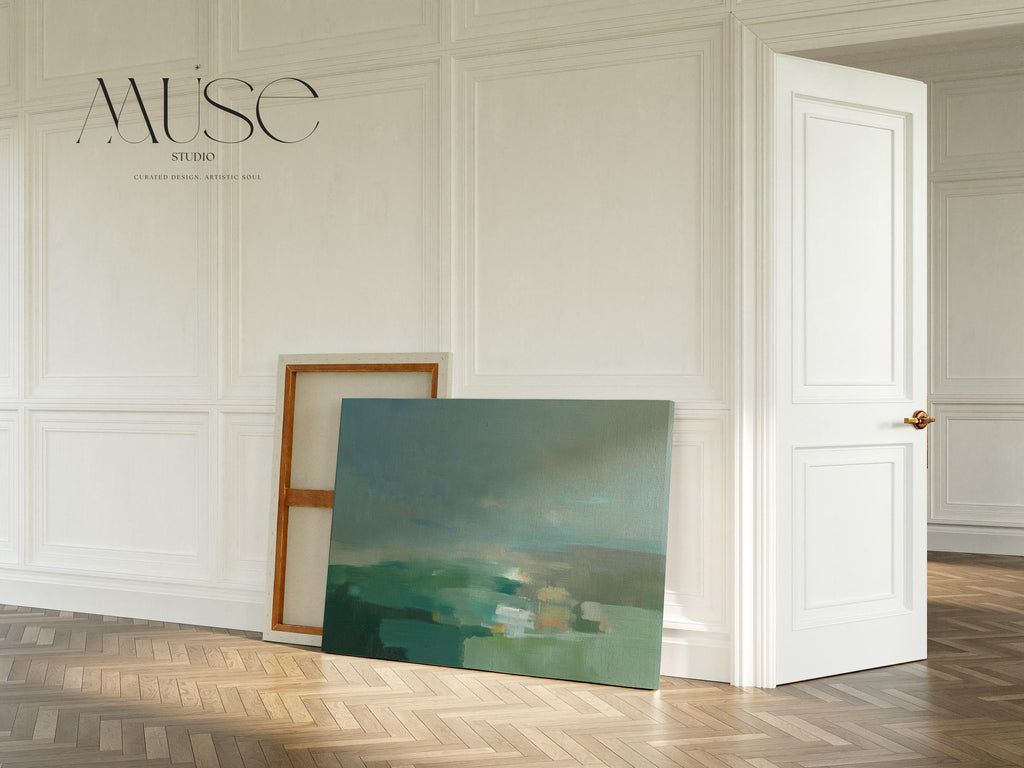 Horizontal abstract wall art in sage green, teal, and muted earth tones with soft blended brushstrokes that resemble a peaceful horizon. Large calming artwork designed for minimalist, nature-inspired, and coastal interiors. Perfect for living rooms, bedrooms, or entryways seeking serene modern decor. Available as gallery-wrapped canvas, framed canvas, or fine art print for versatile styling.