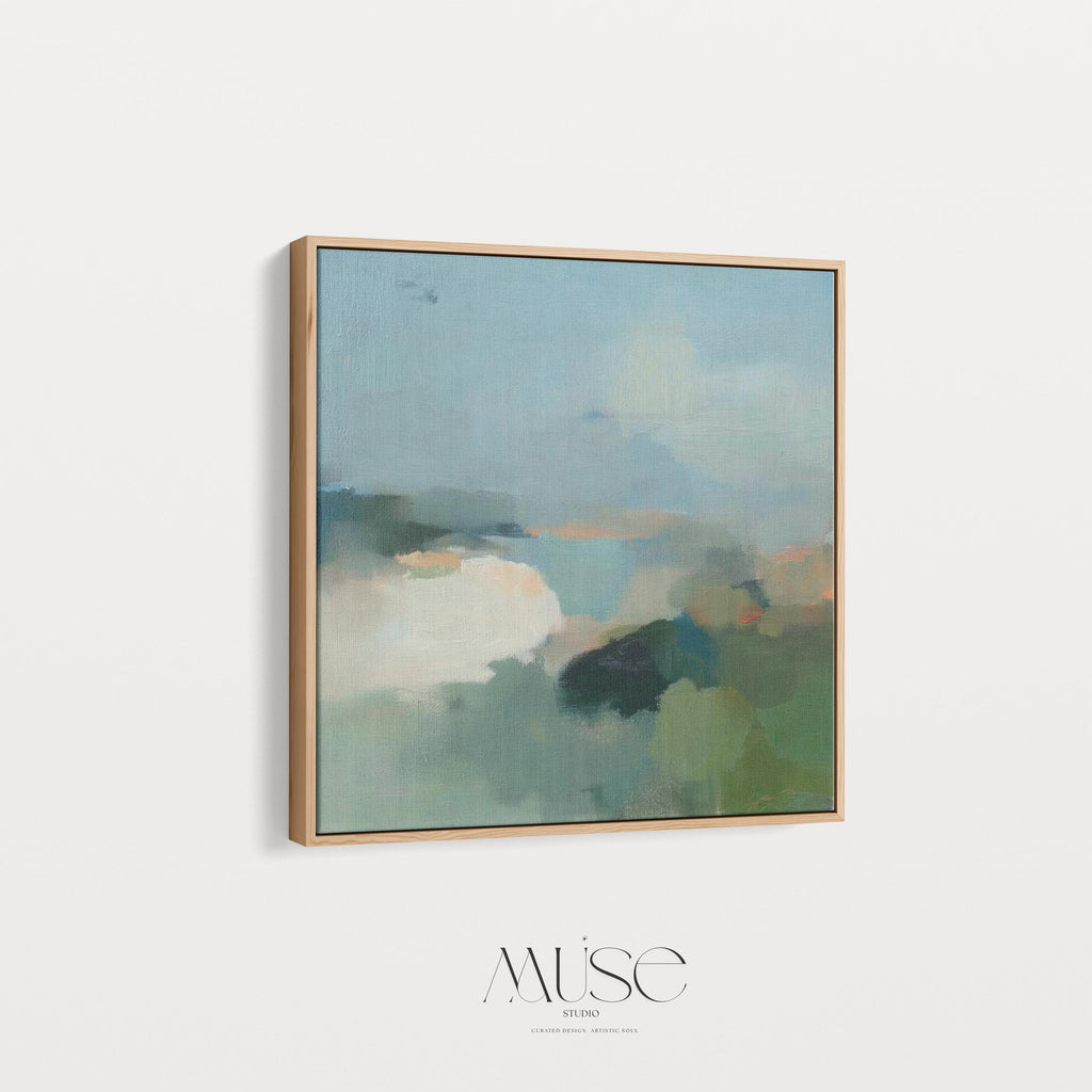 Square abstract wall art in sage green, soft blue, and muted neutrals with horizon-inspired brushstrokes. Large calming canvas decor designed for living rooms, bedrooms, or entryways. Styled for soft contemporary and nature-inspired interiors, perfect as a statement piece. Available as gallery-wrapped canvas, framed canvas, or fine art print.