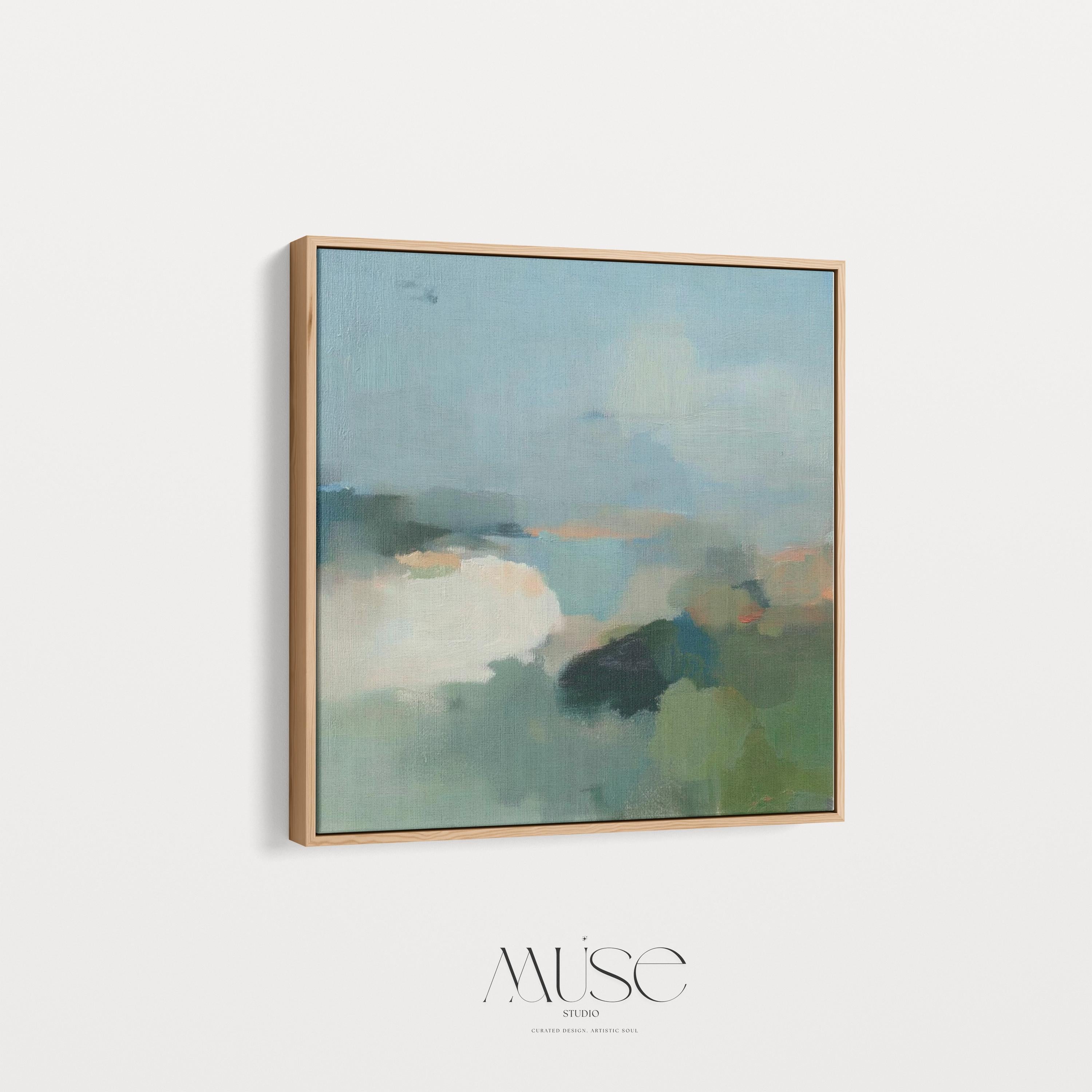 Square abstract wall art in sage green, soft blue, and muted neutrals with horizon-inspired brushstrokes. Large calming canvas decor designed for living rooms, bedrooms, or entryways. Styled for soft contemporary and nature-inspired interiors, perfect as a statement piece. Available as gallery-wrapped canvas, framed canvas, or fine art print.