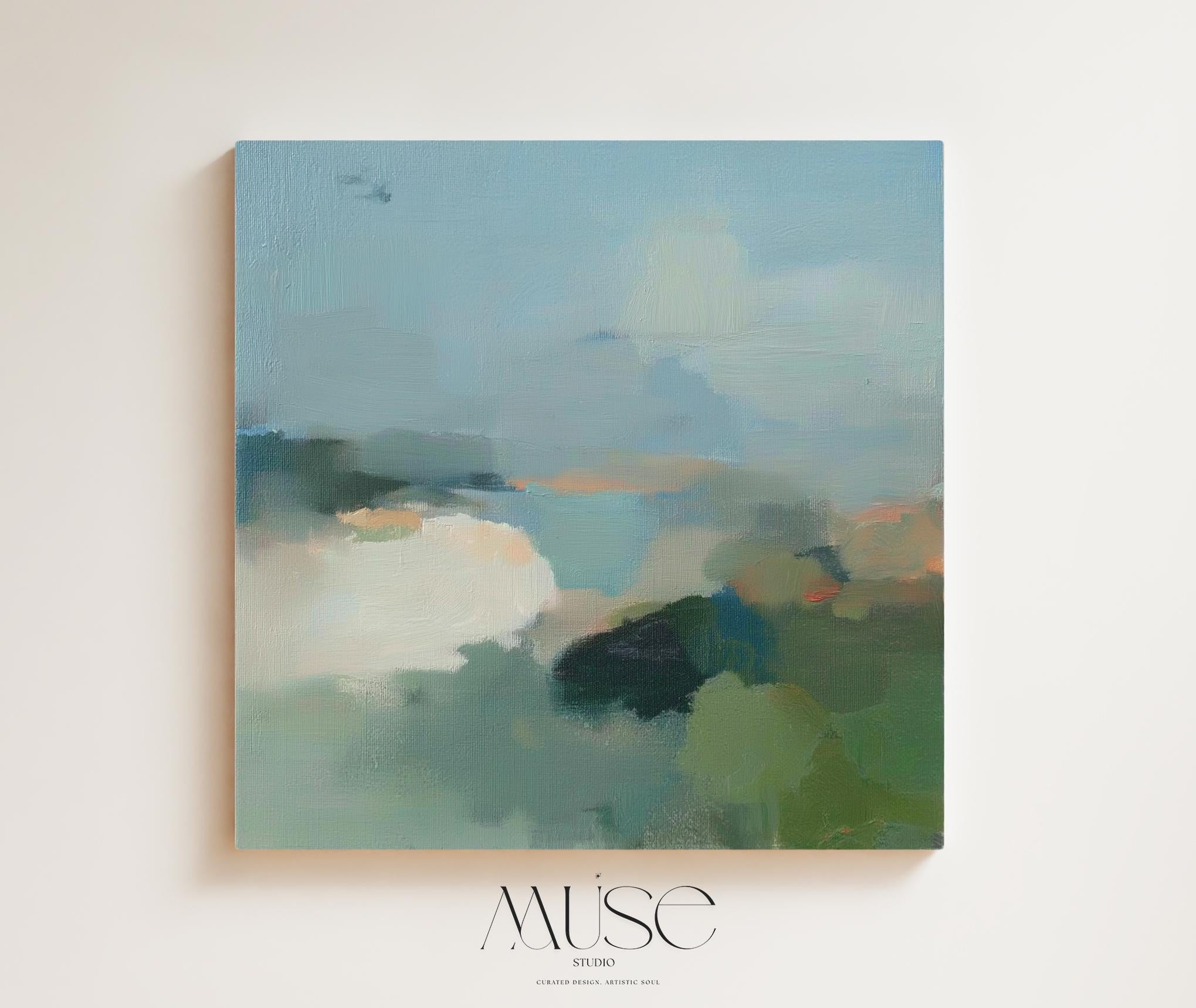 Square abstract wall art in soft greens, muted blues, and earthy tones with a horizon-inspired design. Large canvas artwork styled for modern interiors, perfect for living rooms, bedrooms, or entryways. A calming, nature-inspired piece that complements soft contemporary, coastal, and warm minimalist decor. Available as gallery-wrapped canvas, framed canvas, or fine art print.