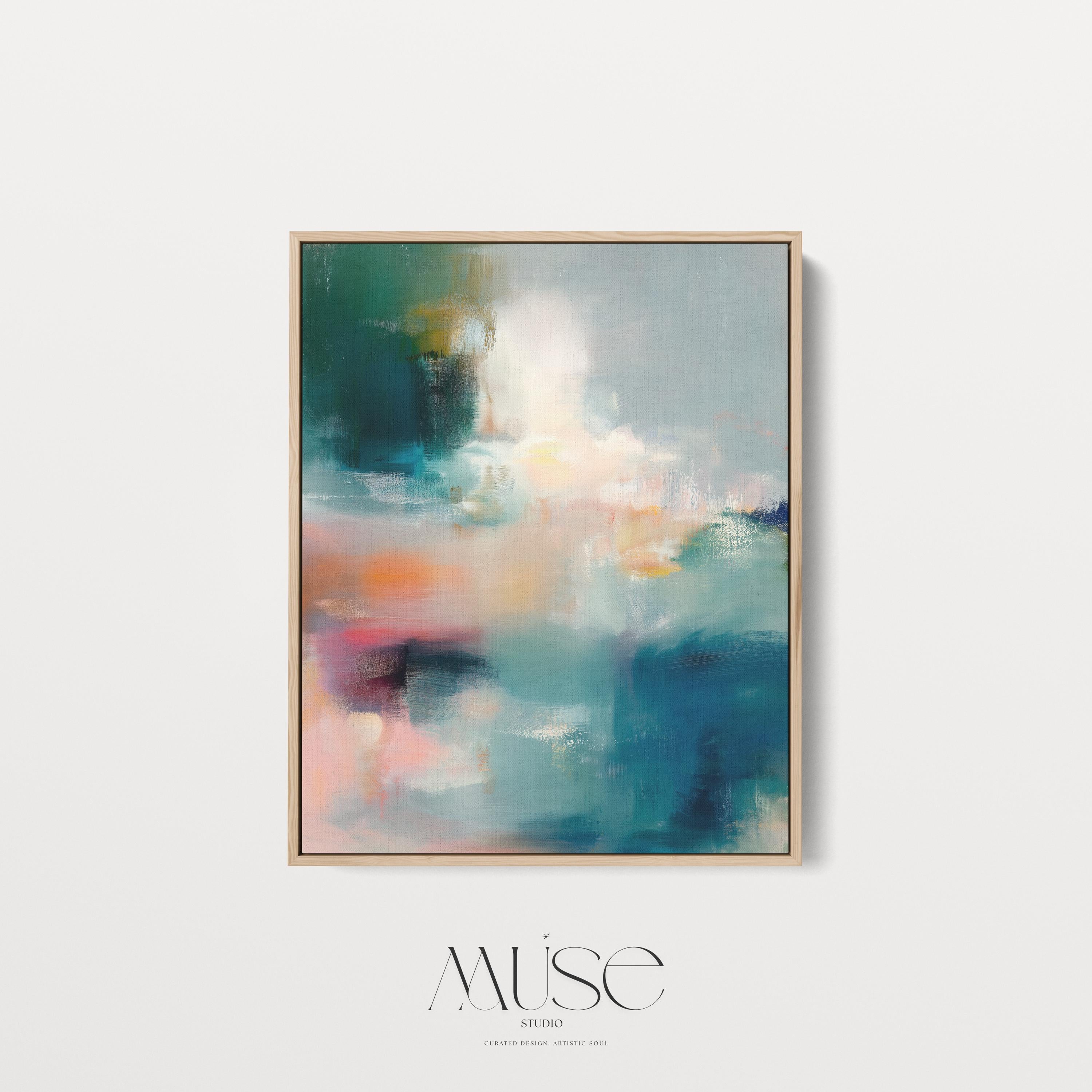 Vertical abstract canvas wall art featuring teal, coral, blush, and warm tones blended in painterly textures. Contemporary large artwork framed in wood, perfect for living room, bedroom, or office statement decor. Designed to suit transitional, modern, and soft contemporary interiors. Available as canvas wall art, framed canvas, or fine art print.