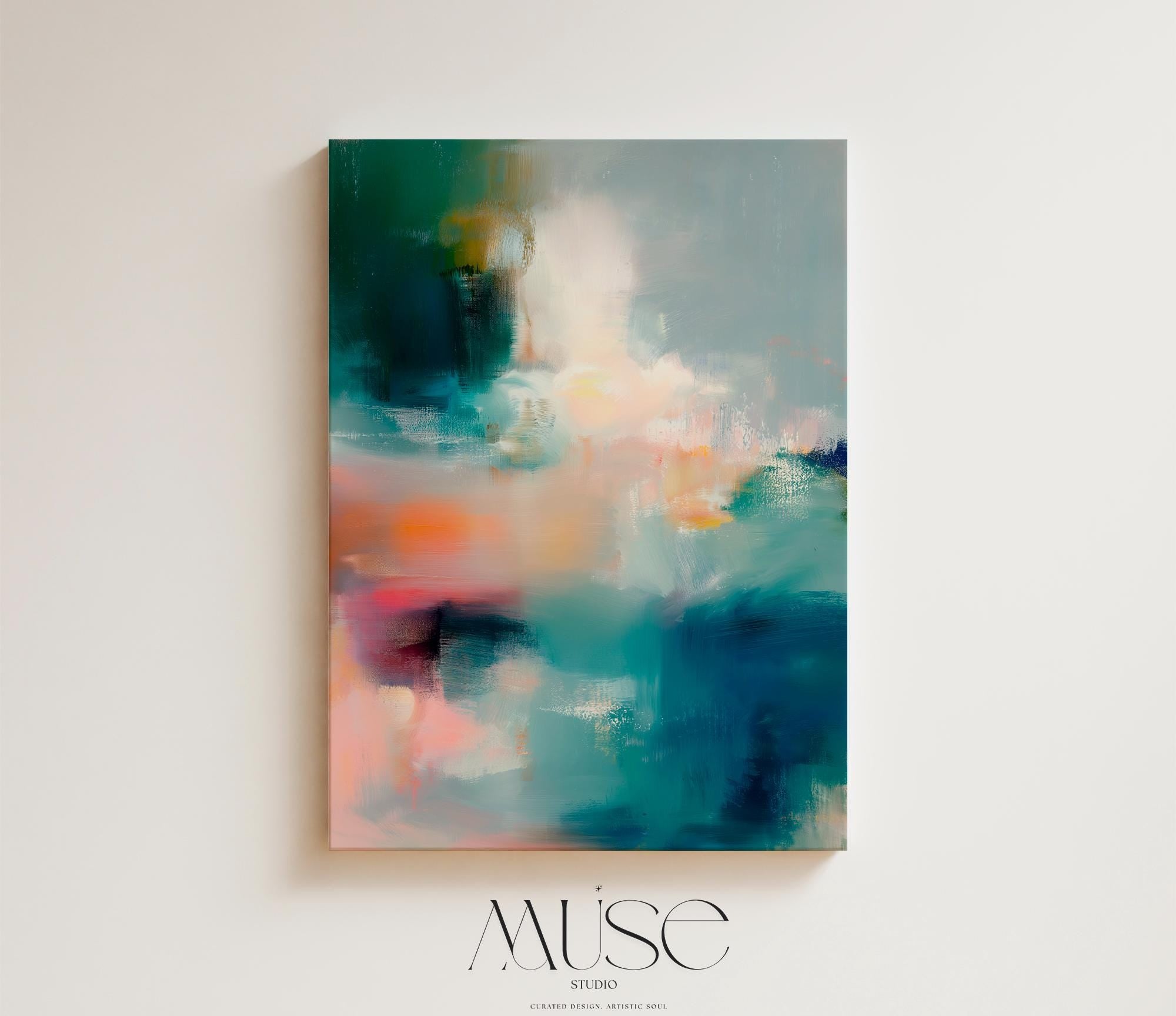 Large vertical abstract canvas wall art featuring teal, coral, blush, and ivory tones with soft painterly textures. Contemporary oversized wall decor perfect for living room, bedroom, or above a fireplace. Framed or unframed canvas art designed for transitional, soft contemporary, and modern interiors.