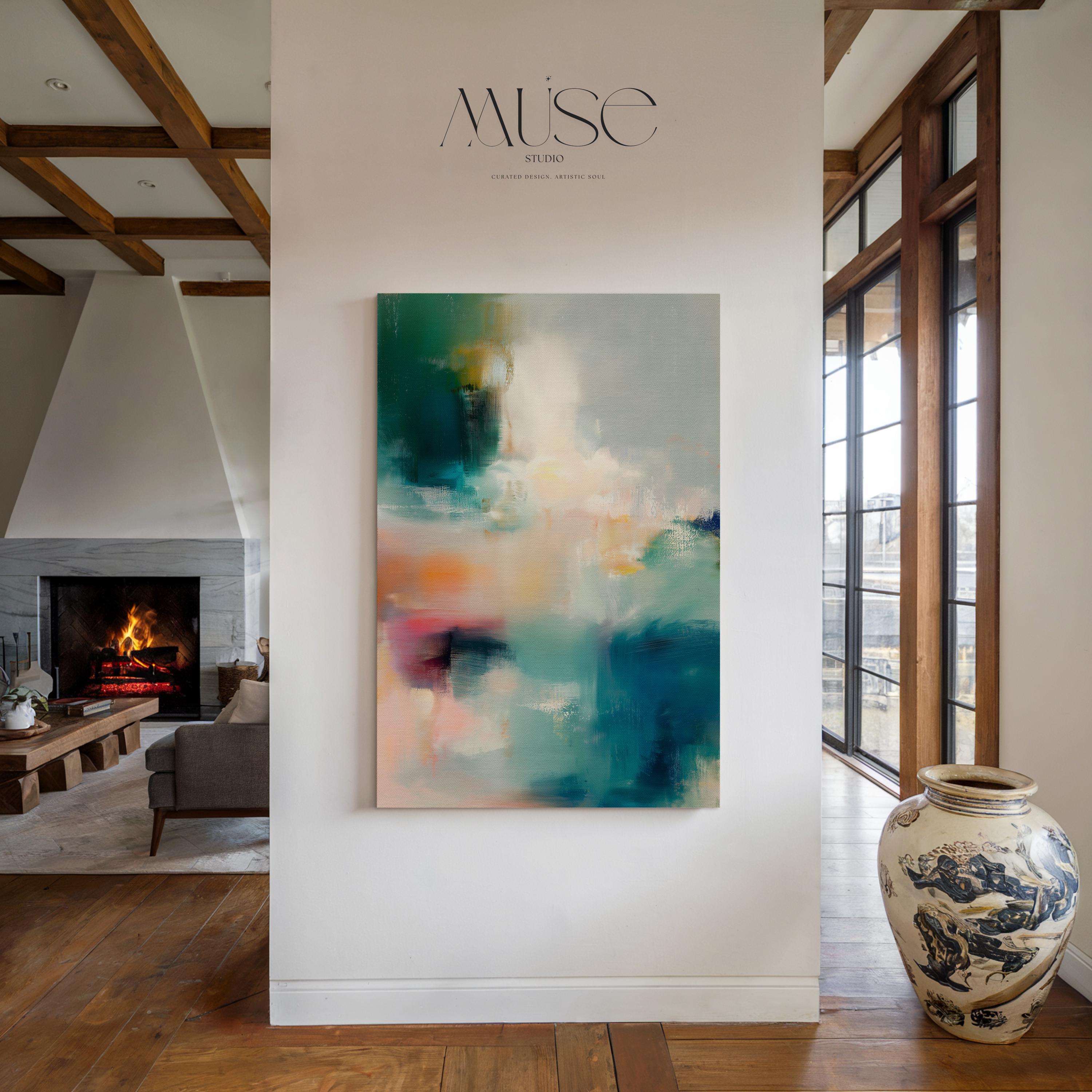 Large vertical abstract canvas wall art featuring teal, coral, blush, and ivory tones with soft painterly textures. Contemporary oversized wall decor perfect for living room, bedroom, or above a fireplace. Framed or unframed canvas art designed for transitional, soft contemporary, and modern interiors.