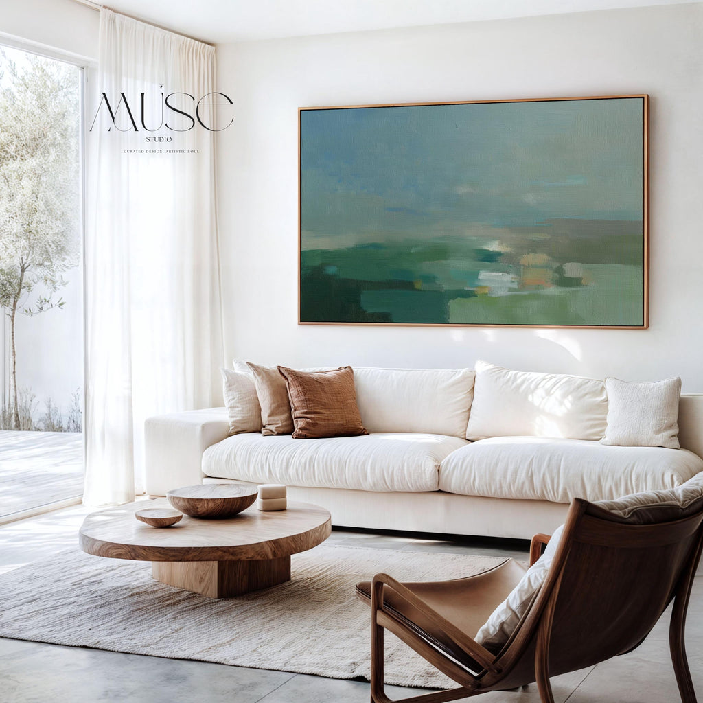 Horizontal abstract wall art in green, aqua, and muted blue tones, styled as a soft nature-inspired landscape. Perfect for warm minimalist, transitional, and serene interiors such as living rooms, dining spaces, or entryways. Available as gallery-wrapped canvas, framed canvas, or fine art print.