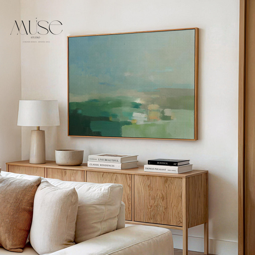 Horizontal abstract wall art in green, aqua, and muted blue tones, styled as a soft nature-inspired landscape. Perfect for warm minimalist, transitional, and serene interiors such as living rooms, dining spaces, or entryways. Available as gallery-wrapped canvas, framed canvas, or fine art print.