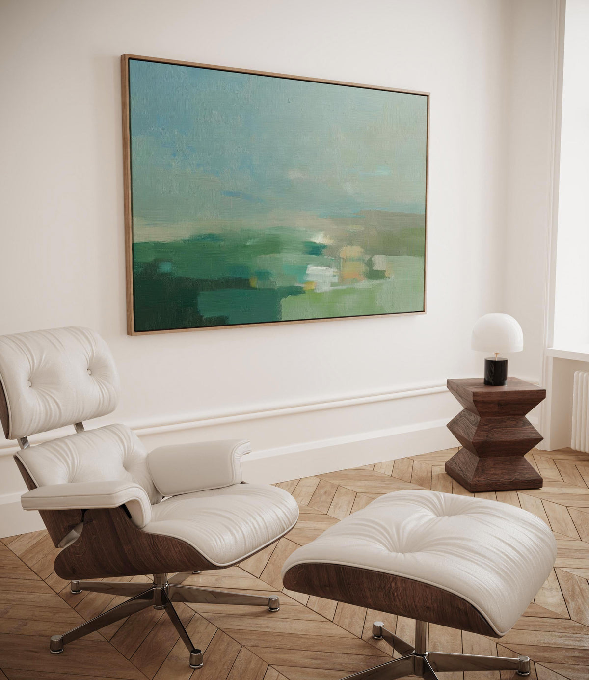 Horizontal abstract wall art in green, aqua, and muted blue tones, styled as a soft nature-inspired landscape. Perfect for warm minimalist, transitional, and serene interiors such as living rooms, dining spaces, or entryways. Available as gallery-wrapped canvas, framed canvas, or fine art print.