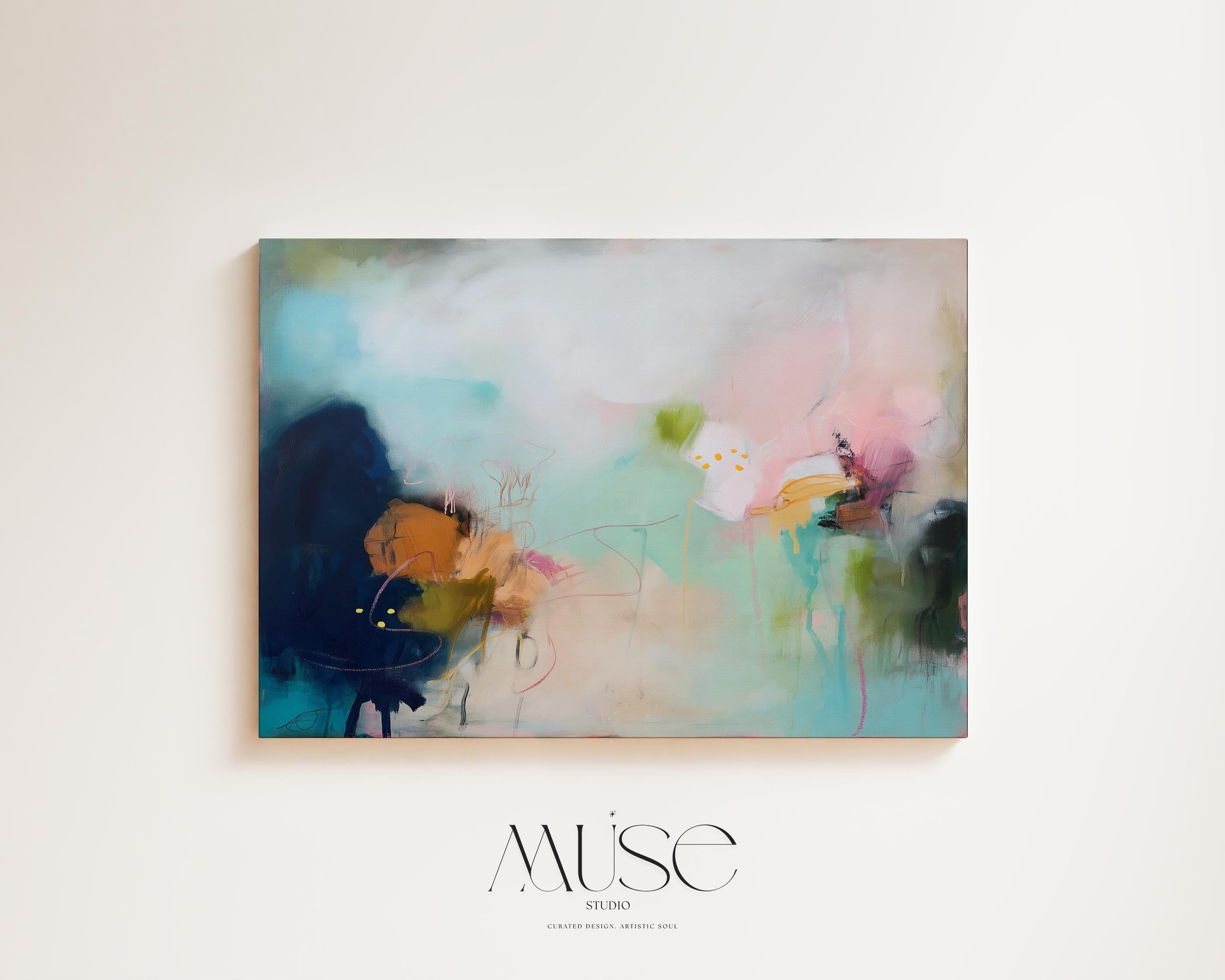 Muse Studio large horizontal coastal seascape wall art featuring a misty ocean abstract in soft pink, teal, aqua, and blue-green tones. Premium gallery-wrapped canvas printed with museum-grade giclée inks, styled for modern beach house decor, coastal living rooms, bedrooms, and statement seaside interiors.