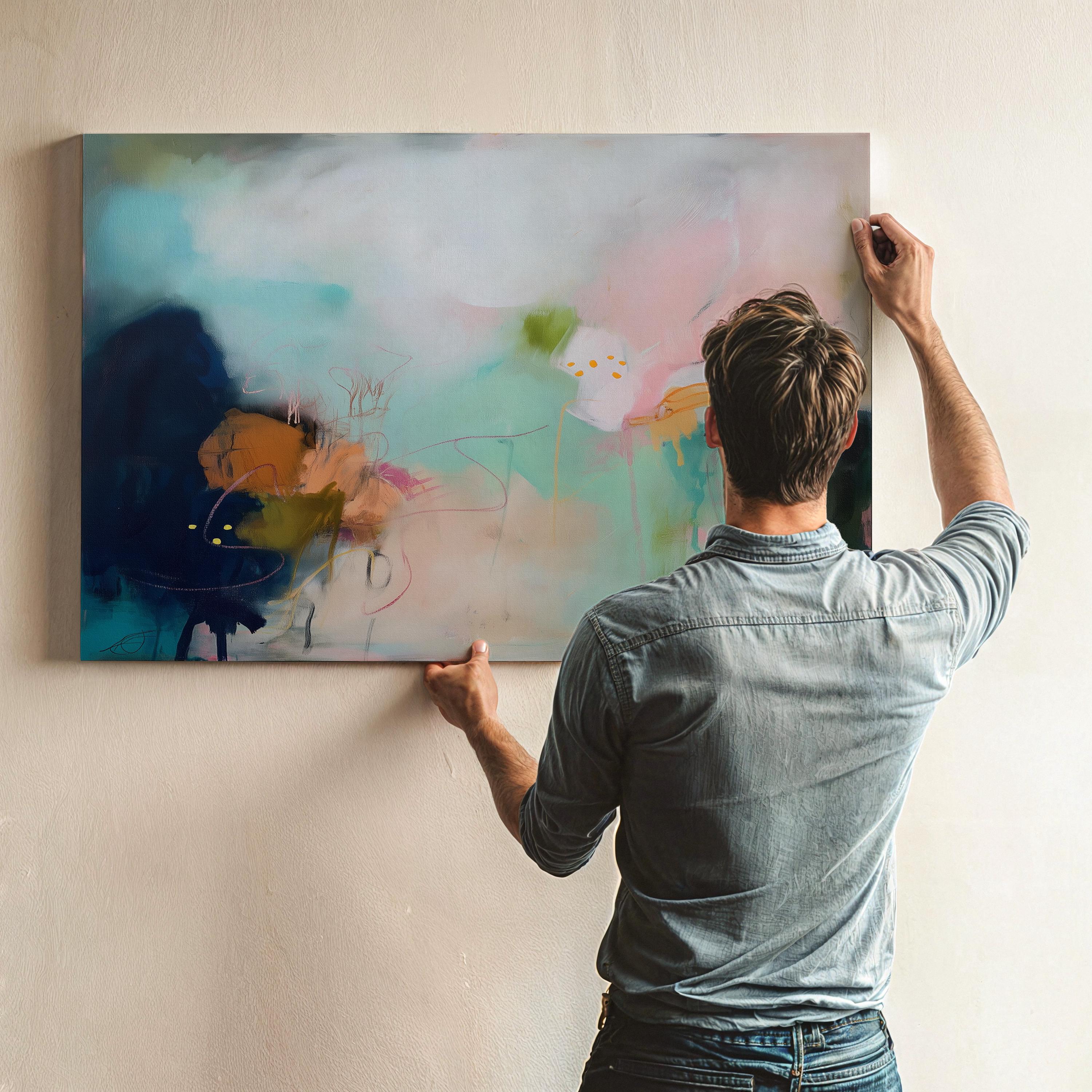 Horizontal abstract wall art with pink, teal, and mustard brushstrokes. Contemporary canvas painting designed as a colorful statement piece for living rooms, dining areas, or offices. Available as a gallery-wrapped or framed canvas for curated, designer-forward home decor.
