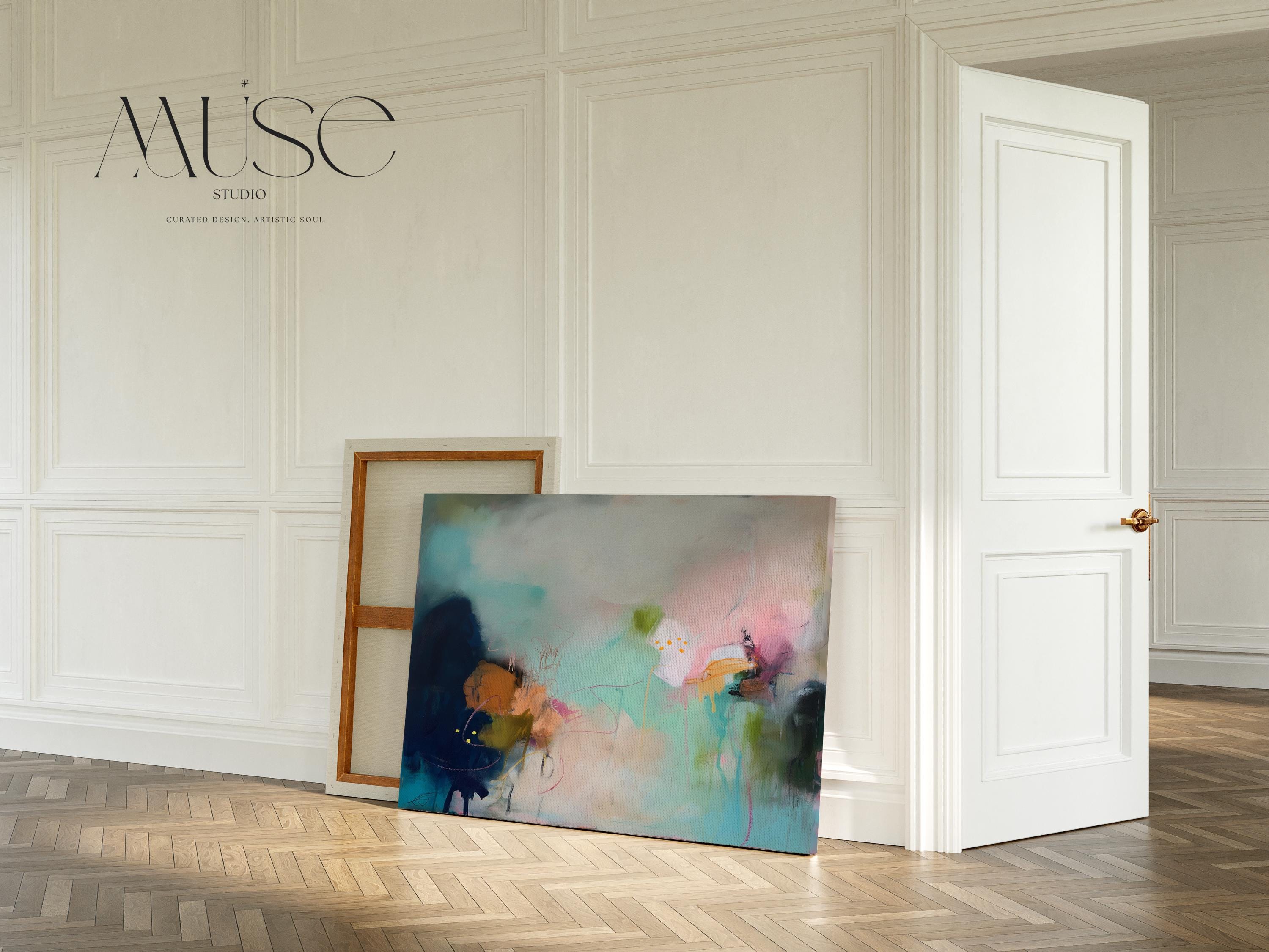 Horizontal abstract wall art with pink, teal, and mustard brushstrokes. Contemporary canvas painting designed as a colorful statement piece for living rooms, dining areas, or offices. Available as a gallery-wrapped or framed canvas for curated, designer-forward home decor.