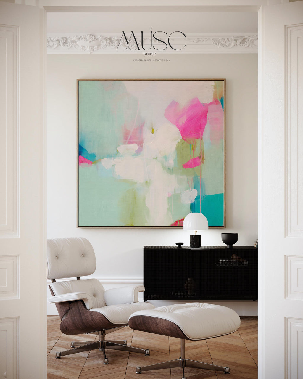 Square abstract canvas wall art featuring aqua blue, blush pink, and soft white brushstrokes in a light, painterly style. Designed for soft contemporary and preppy interiors, this large framed artwork brings an airy, uplifting mood to bedrooms, nurseries, or living rooms. Available as a gallery-wrapped or framed canvas for curated designer decor.