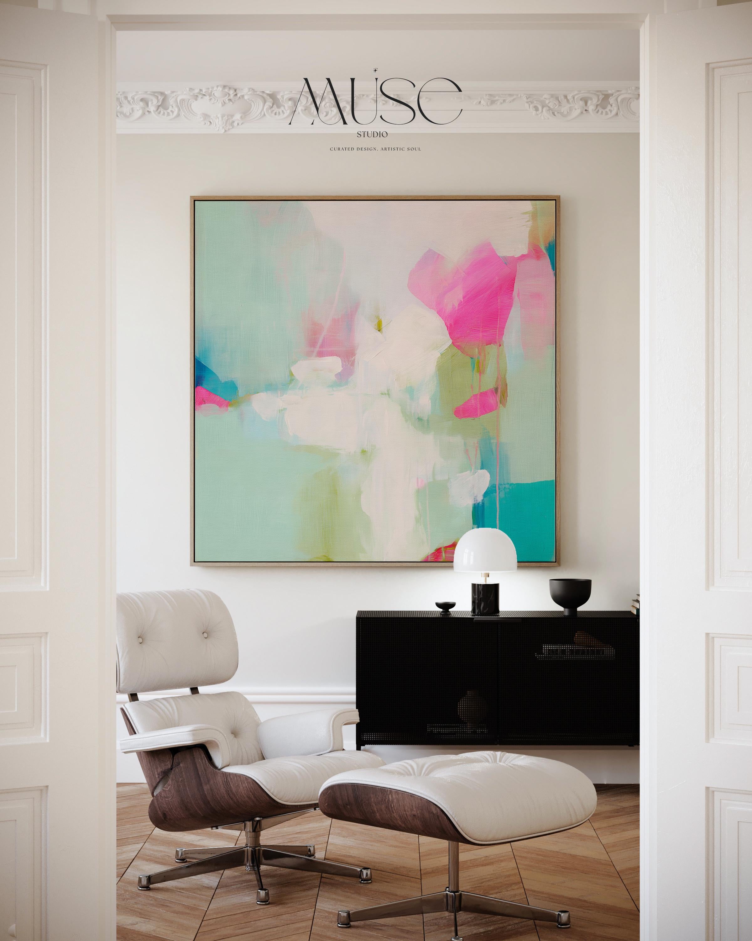 Square abstract canvas wall art featuring aqua blue, blush pink, and soft white brushstrokes in a light, painterly style. Designed for soft contemporary and preppy interiors, this large framed artwork brings an airy, uplifting mood to bedrooms, nurseries, or living rooms. Available as a gallery-wrapped or framed canvas for curated designer decor.