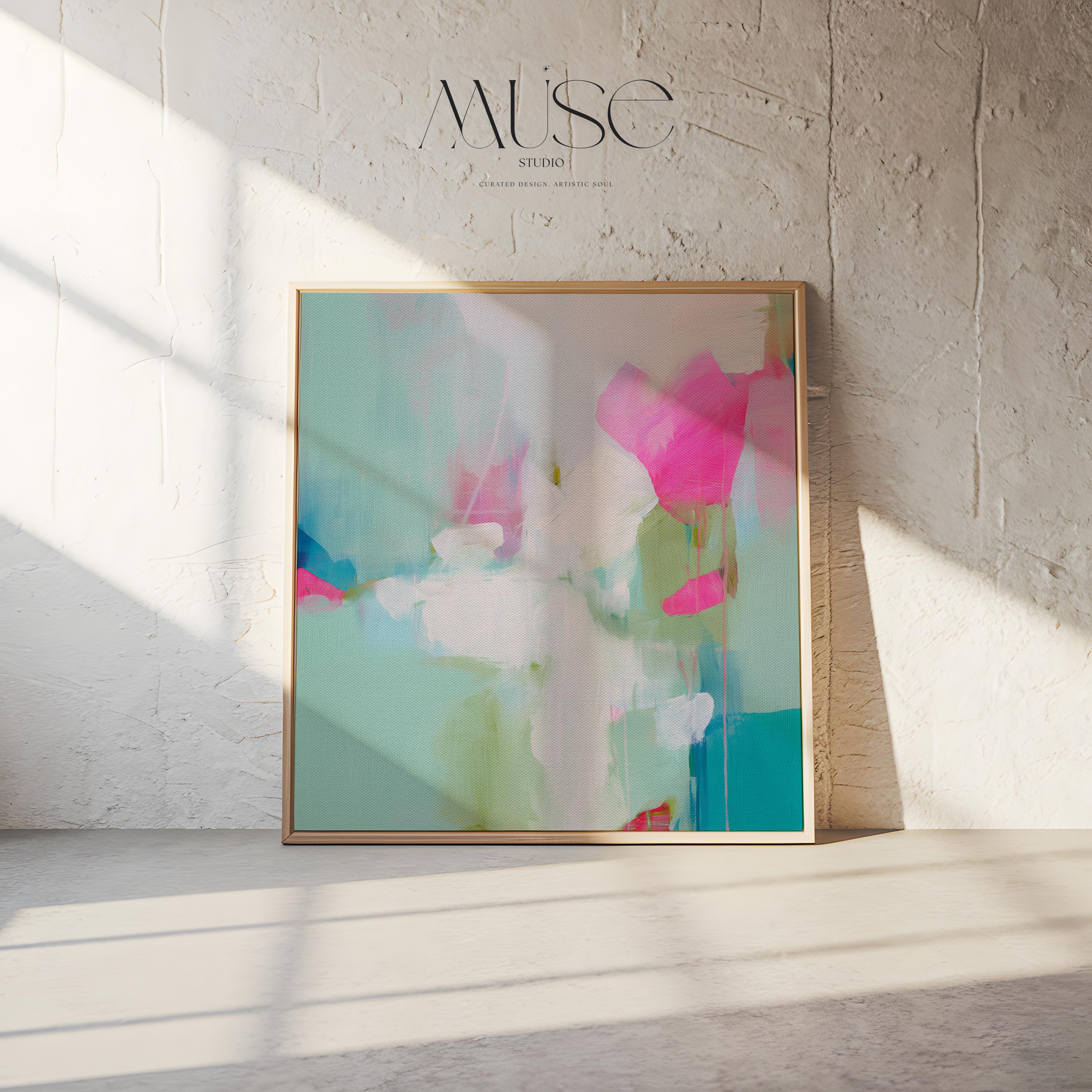 Square abstract canvas wall art featuring aqua blue, blush pink, and soft white brushstrokes in a light, painterly style. Designed for soft contemporary and preppy interiors, this large framed artwork brings an airy, uplifting mood to bedrooms, nurseries, or living rooms. Available as a gallery-wrapped or framed canvas for curated designer decor.
