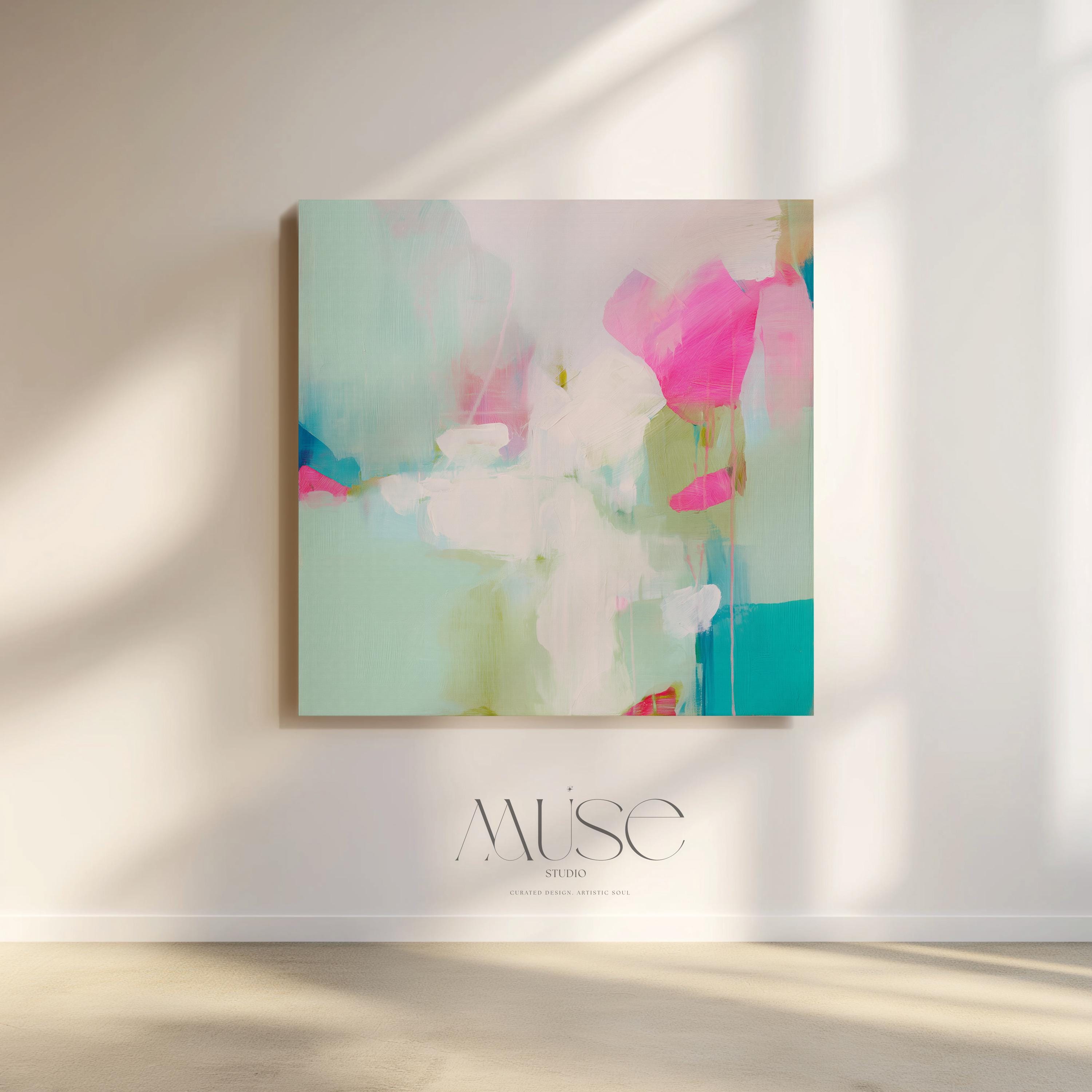 Square abstract wall art on canvas featuring aqua blue, blush pink, and soft white tones in a painterly pastel style. Designed for preppy and soft contemporary interiors, this large framed artwork brings an airy yet vibrant mood to bedrooms, nurseries, or living rooms. Available as a gallery-wrapped or framed canvas for curated designer decor.