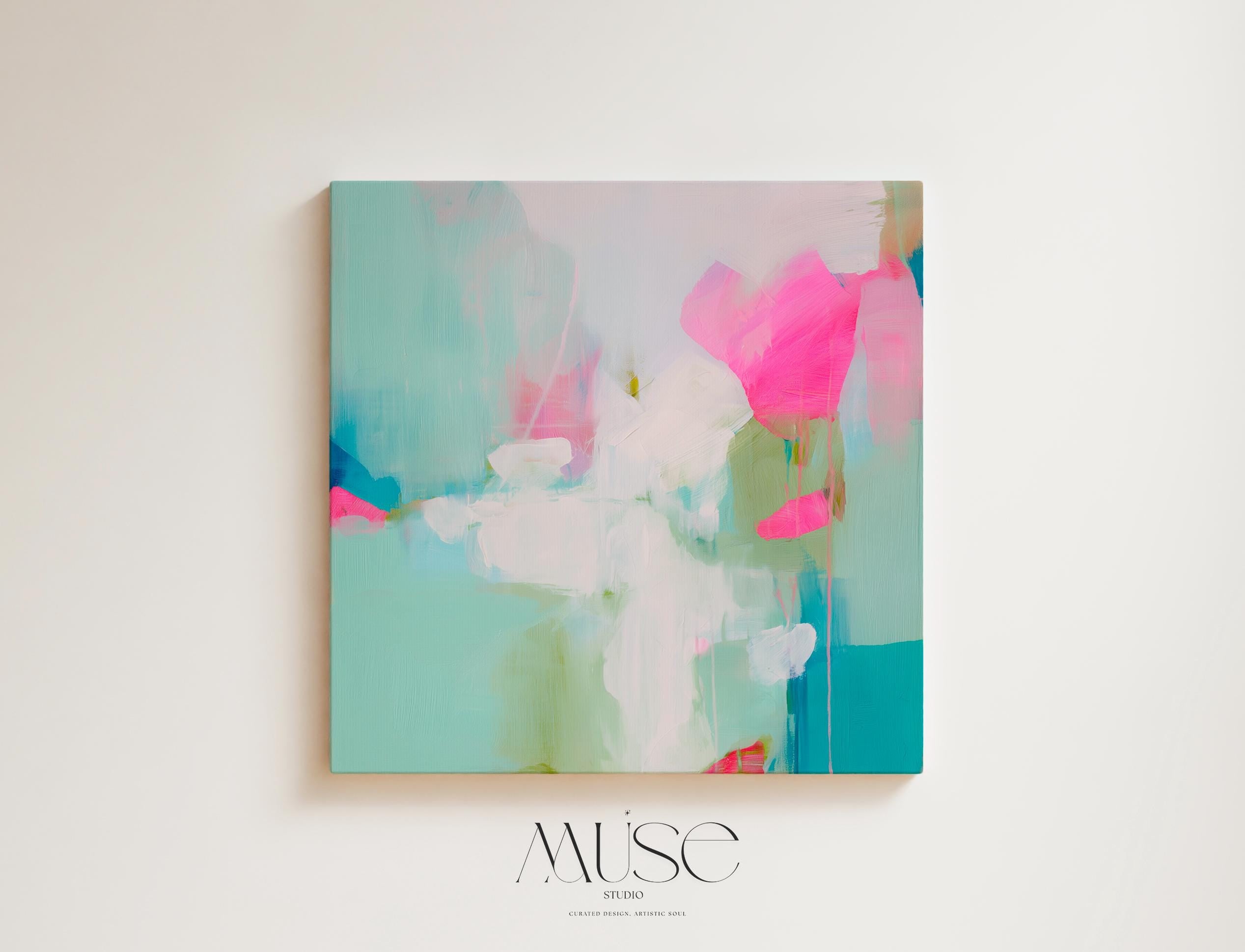 Square abstract wall art on canvas featuring aqua blue, blush pink, and soft white tones in a painterly pastel style. Designed for preppy and soft contemporary interiors, this large framed artwork brings an airy yet vibrant mood to bedrooms, nurseries, or living rooms. Available as a gallery-wrapped or framed canvas for curated designer decor.