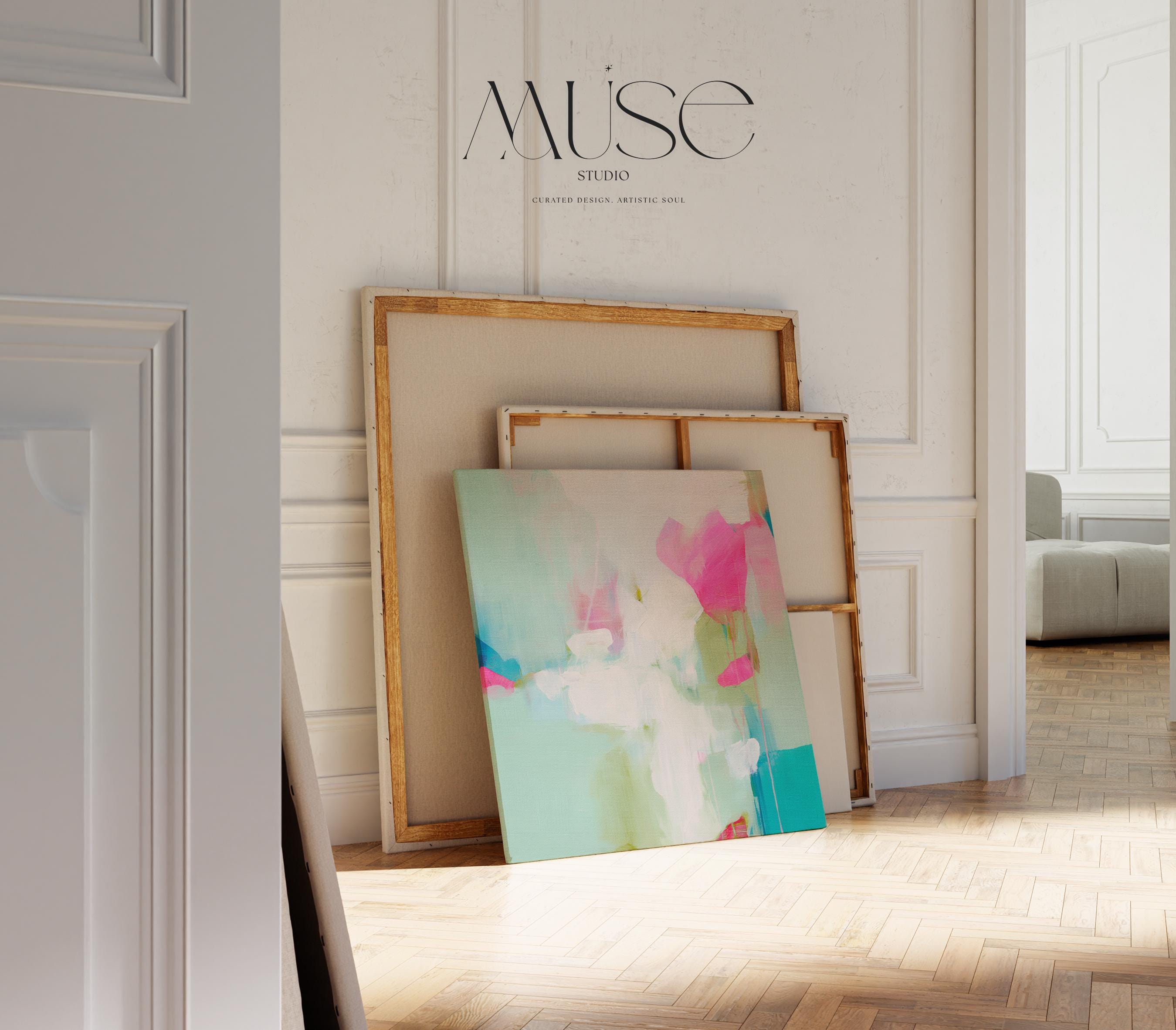 Square abstract wall art on canvas featuring aqua blue, blush pink, and soft white tones in a painterly pastel style. Designed for preppy and soft contemporary interiors, this large framed artwork brings an airy yet vibrant mood to bedrooms, nurseries, or living rooms. Available as a gallery-wrapped or framed canvas for curated designer decor.