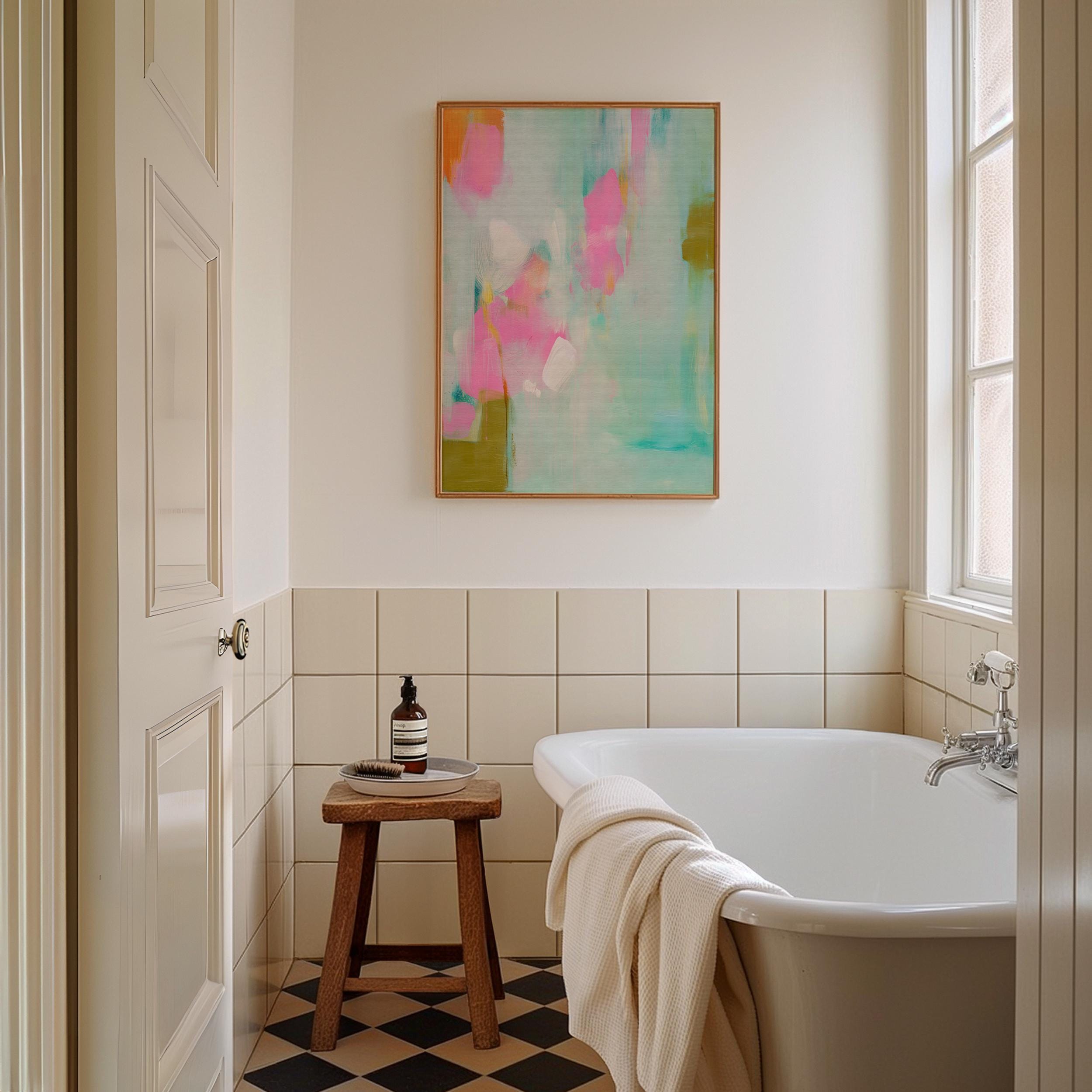 Vertical abstract canvas wall art featuring vibrant pink, aqua, and olive green brushstrokes with layered painterly textures. Styled for coquette-inspired and soft contemporary interiors, this framed artwork makes a striking statement in bedrooms, entryways, or curated living rooms. Available as a gallery-wrapped or framed canvas for refined, designer-forward decor.