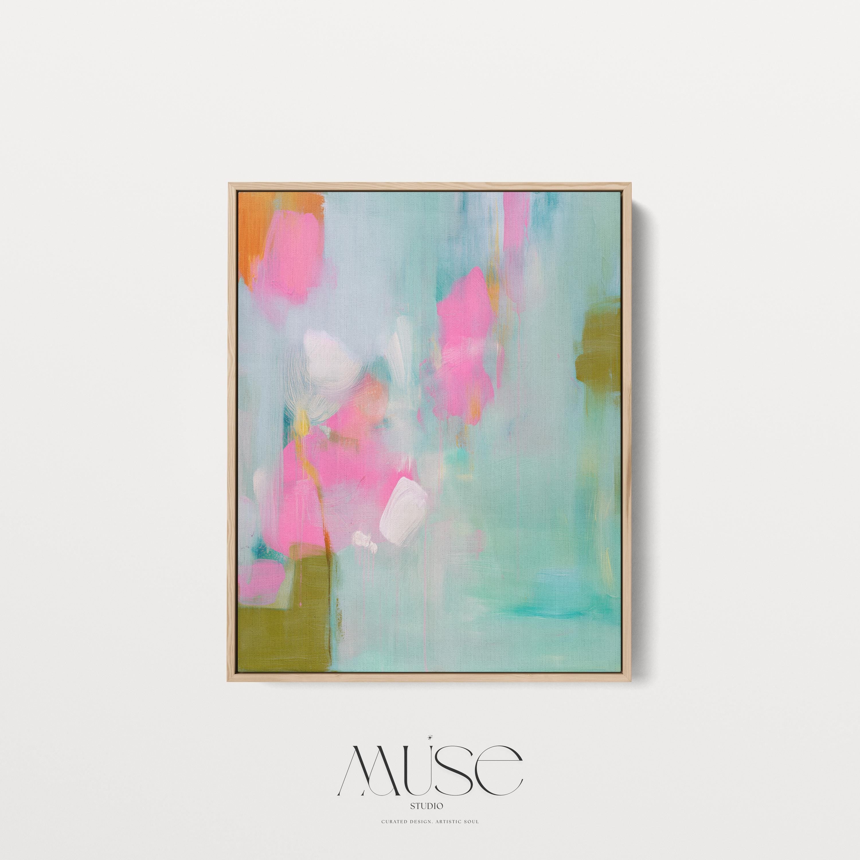 Vertical abstract canvas wall art featuring vibrant pink, aqua, and olive green brushstrokes with layered painterly textures. Styled for coquette-inspired and soft contemporary interiors, this framed artwork makes a striking statement in bedrooms, entryways, or curated living rooms. Available as a gallery-wrapped or framed canvas for refined, designer-forward decor.