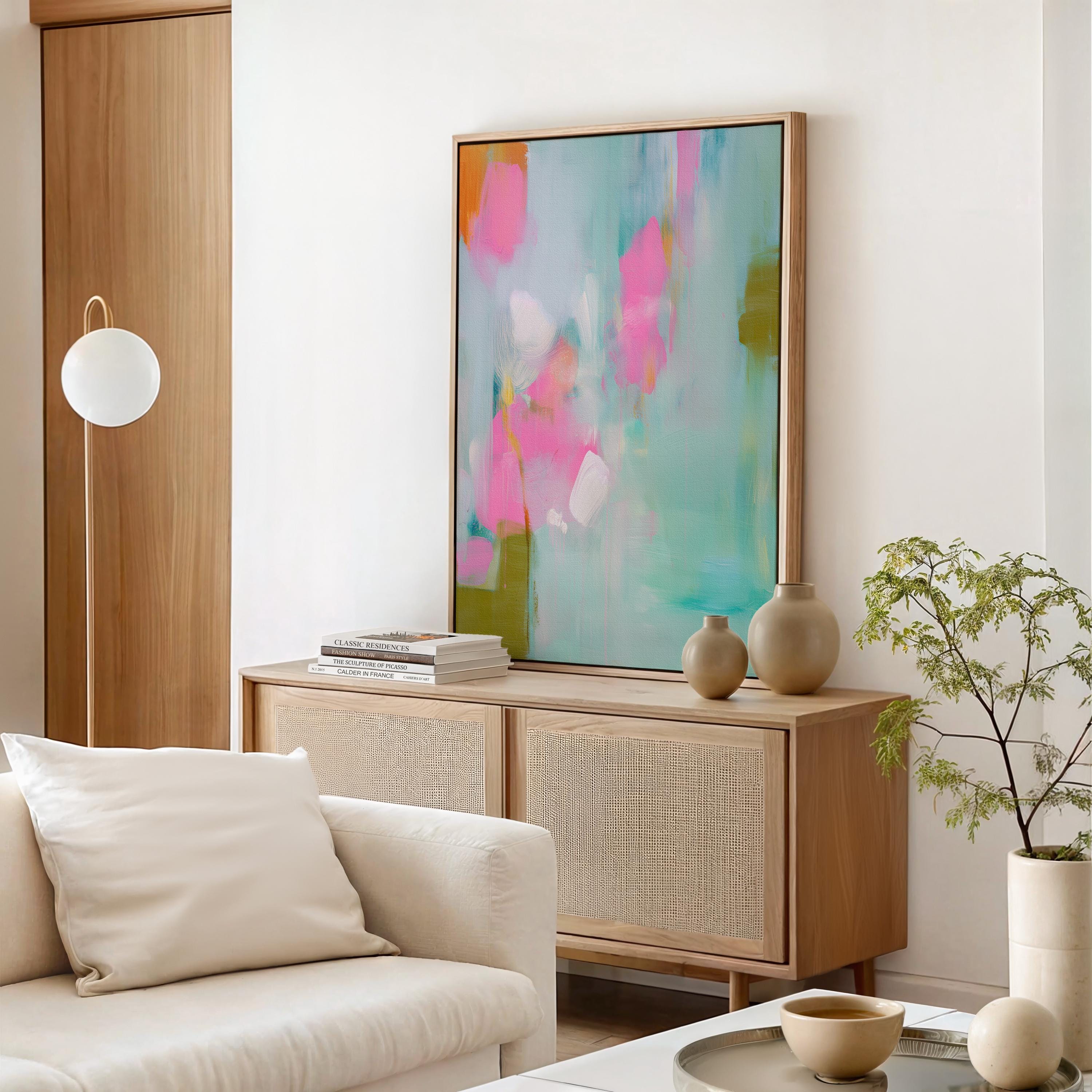 Coastal teal abstract wall art by Muse Studio featuring a preppy Southern pastel palette with aqua blue, teal, blush pink, coral, and fresh green painterly movement. Petal Current 562 is styled for modern contemporary color pop decor, pastel living room wall art, kids room art, nursery wall decor, office wall art, and bright coastal interiors, printed with museum-grade giclée inks on premium gallery-wrapped artist canvas with framed canvas options available.