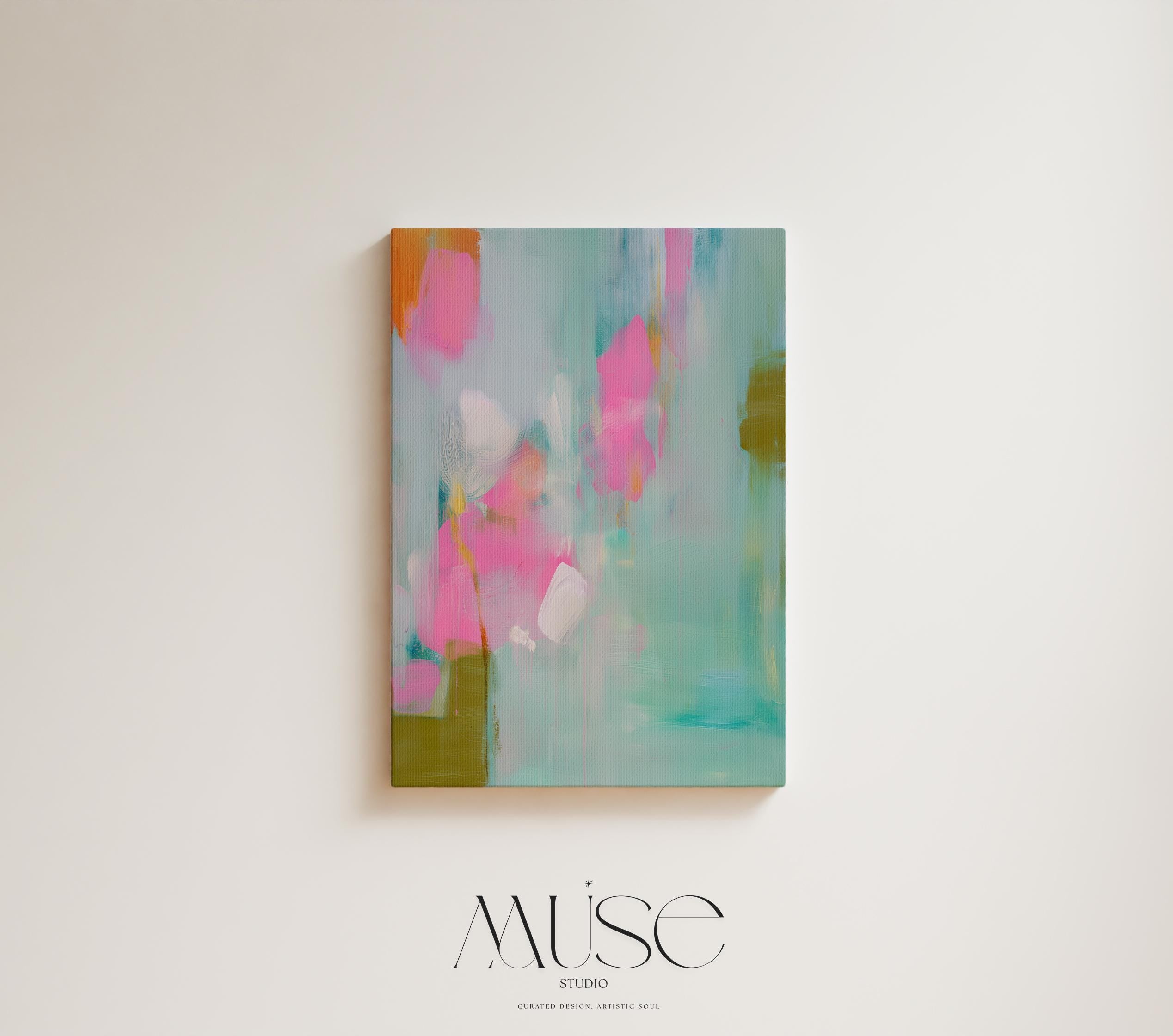 Large vertical abstract canvas painting with aqua, blush pink, and olive green brushstrokes in a painterly, coquette-inspired style. Perfect for bedrooms, entryways, or transitional living rooms, blending soft pastel charm with modern sophistication. Available as a gallery-wrapped canvas for refined, designer interiors.