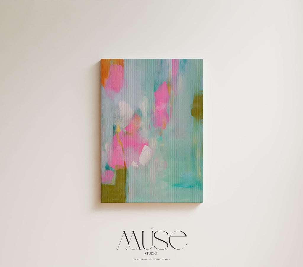 Large vertical abstract canvas painting with aqua, blush pink, and olive green brushstrokes in a painterly, coquette-inspired style. Perfect for bedrooms, entryways, or transitional living rooms, blending soft pastel charm with modern sophistication. Available as a gallery-wrapped canvas for refined, designer interiors.