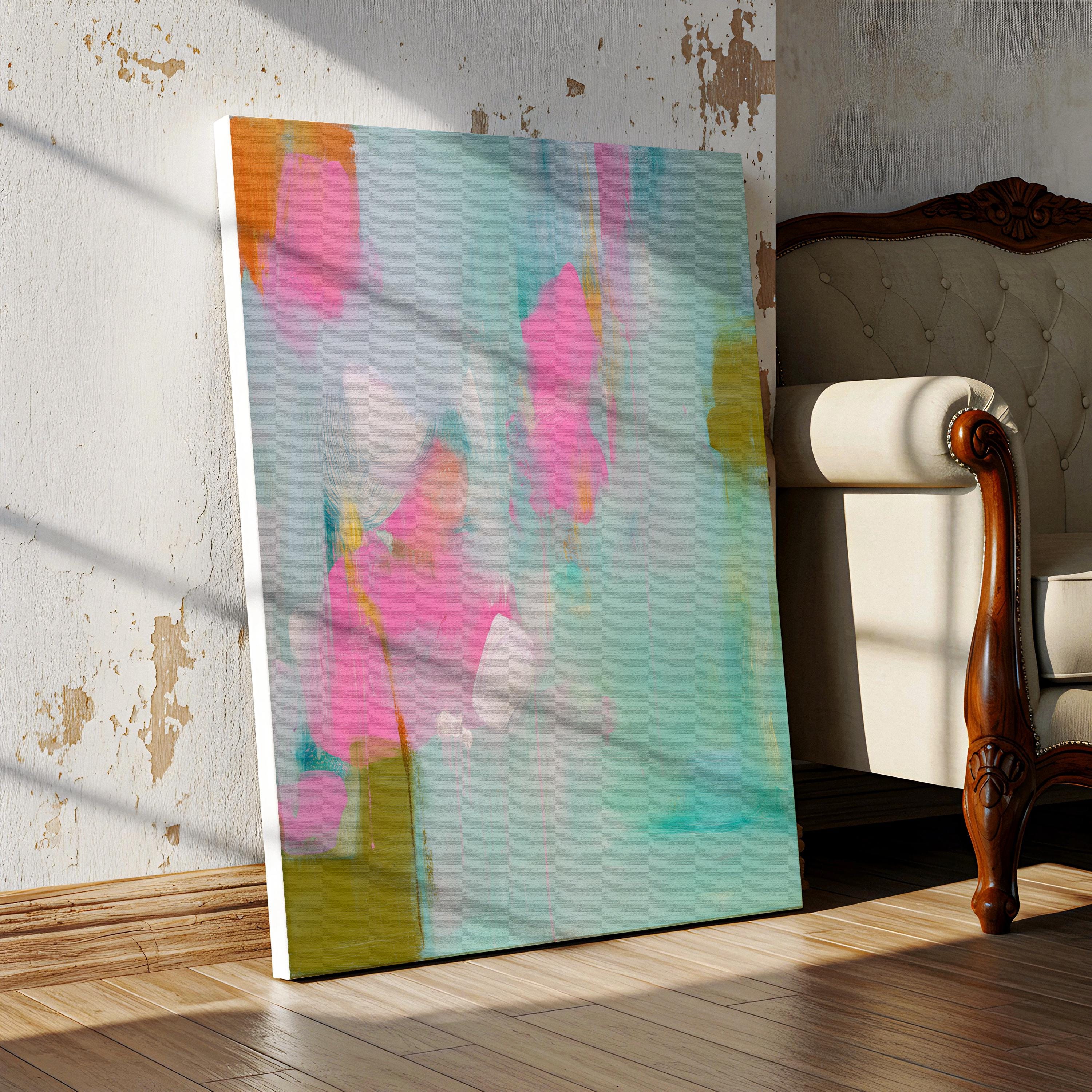Large vertical abstract canvas painting with aqua, blush pink, and olive green brushstrokes in a painterly, coquette-inspired style. Perfect for bedrooms, entryways, or transitional living rooms, blending soft pastel charm with modern sophistication. Available as a gallery-wrapped canvas for refined, designer interiors.