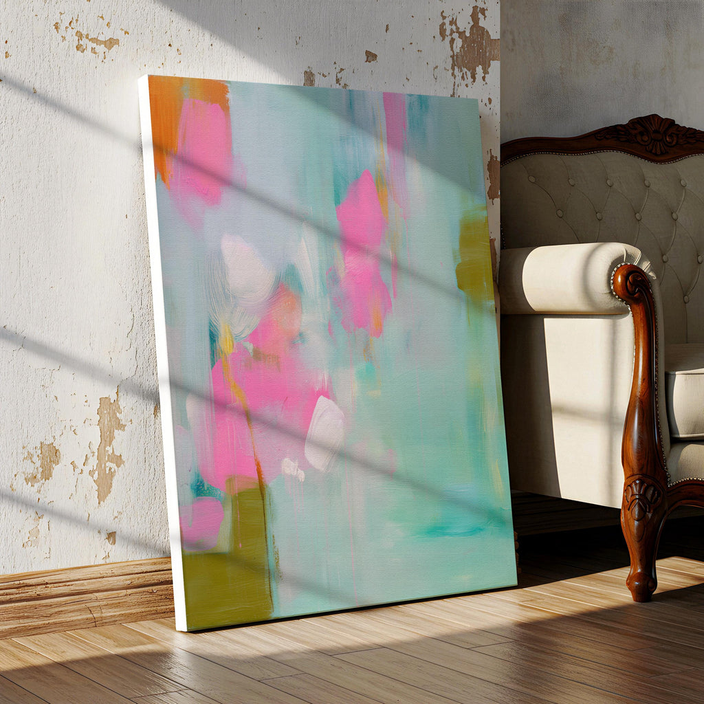 Large vertical abstract canvas painting with aqua, blush pink, and olive green brushstrokes in a painterly, coquette-inspired style. Perfect for bedrooms, entryways, or transitional living rooms, blending soft pastel charm with modern sophistication. Available as a gallery-wrapped canvas for refined, designer interiors.