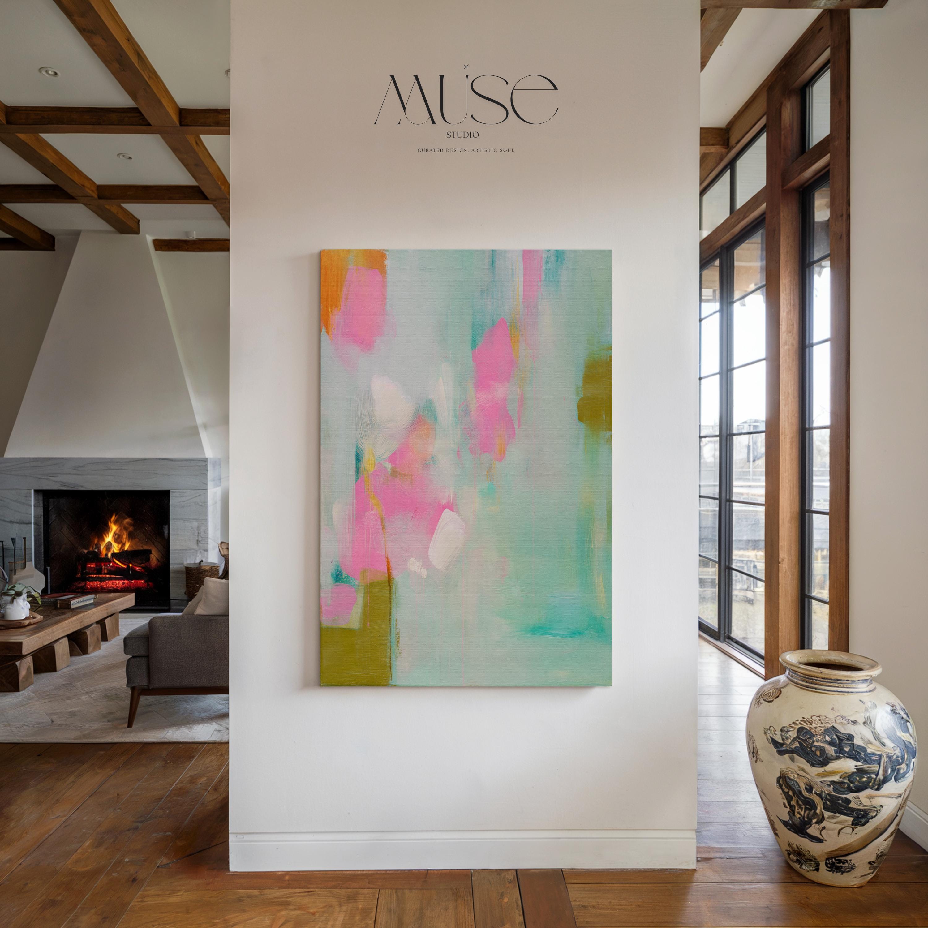 Large vertical abstract canvas painting with aqua, blush pink, and olive green brushstrokes in a painterly, coquette-inspired style. Perfect for bedrooms, entryways, or transitional living rooms, blending soft pastel charm with modern sophistication. Available as a gallery-wrapped canvas for refined, designer interiors.