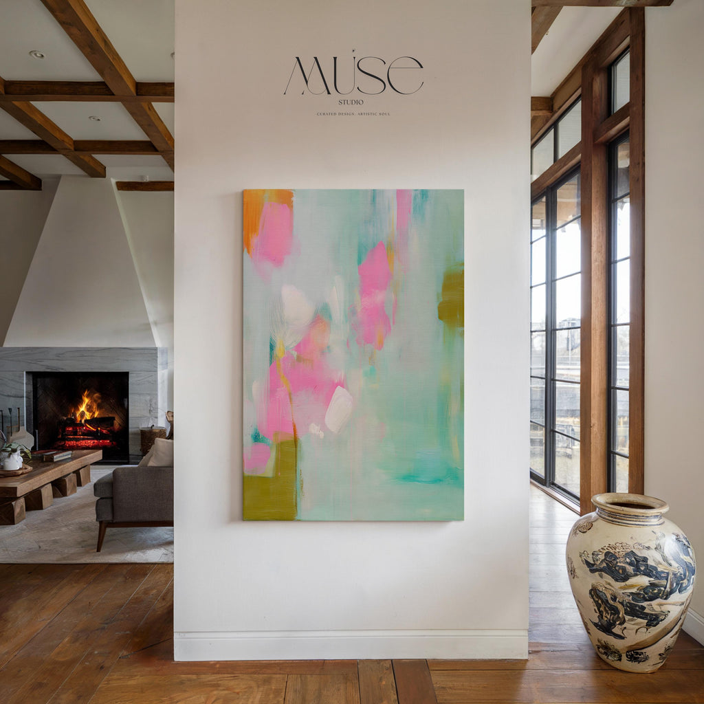 Large vertical abstract canvas painting with aqua, blush pink, and olive green brushstrokes in a painterly, coquette-inspired style. Perfect for bedrooms, entryways, or transitional living rooms, blending soft pastel charm with modern sophistication. Available as a gallery-wrapped canvas for refined, designer interiors.