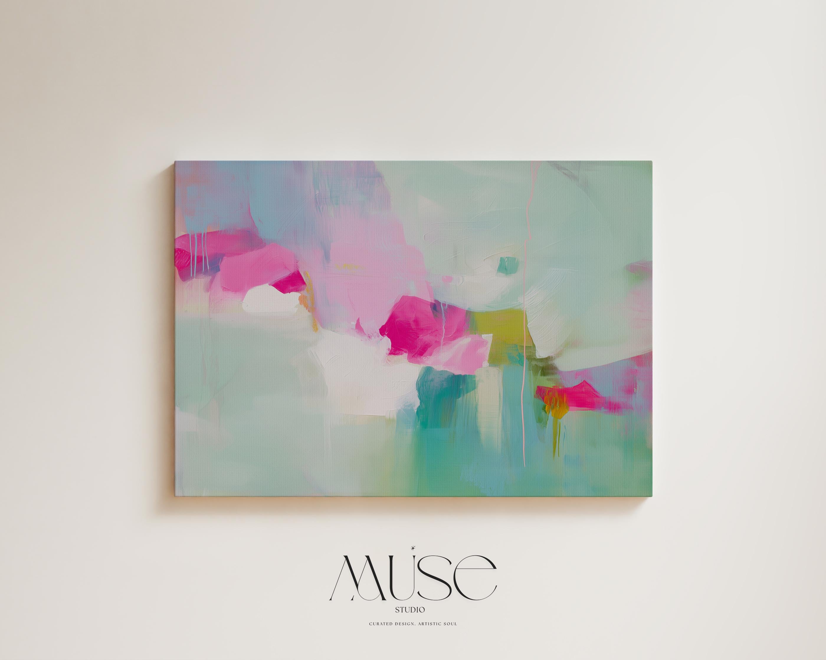 Horizontal abstract canvas painting in blush pink, aqua, and chartreuse with a pastel botanical inspired design. Painterly textures create a soft contemporary mood, perfect for bedrooms, offices, or living rooms. Available as a gallery-wrapped canvas for refined, designer wall decor.