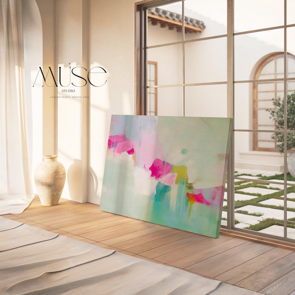 Horizontal abstract canvas painting in blush pink, aqua, and chartreuse with a pastel botanical inspired design. Painterly textures create a soft contemporary mood, perfect for bedrooms, offices, or living rooms. Available as a gallery-wrapped canvas for refined, designer wall decor.