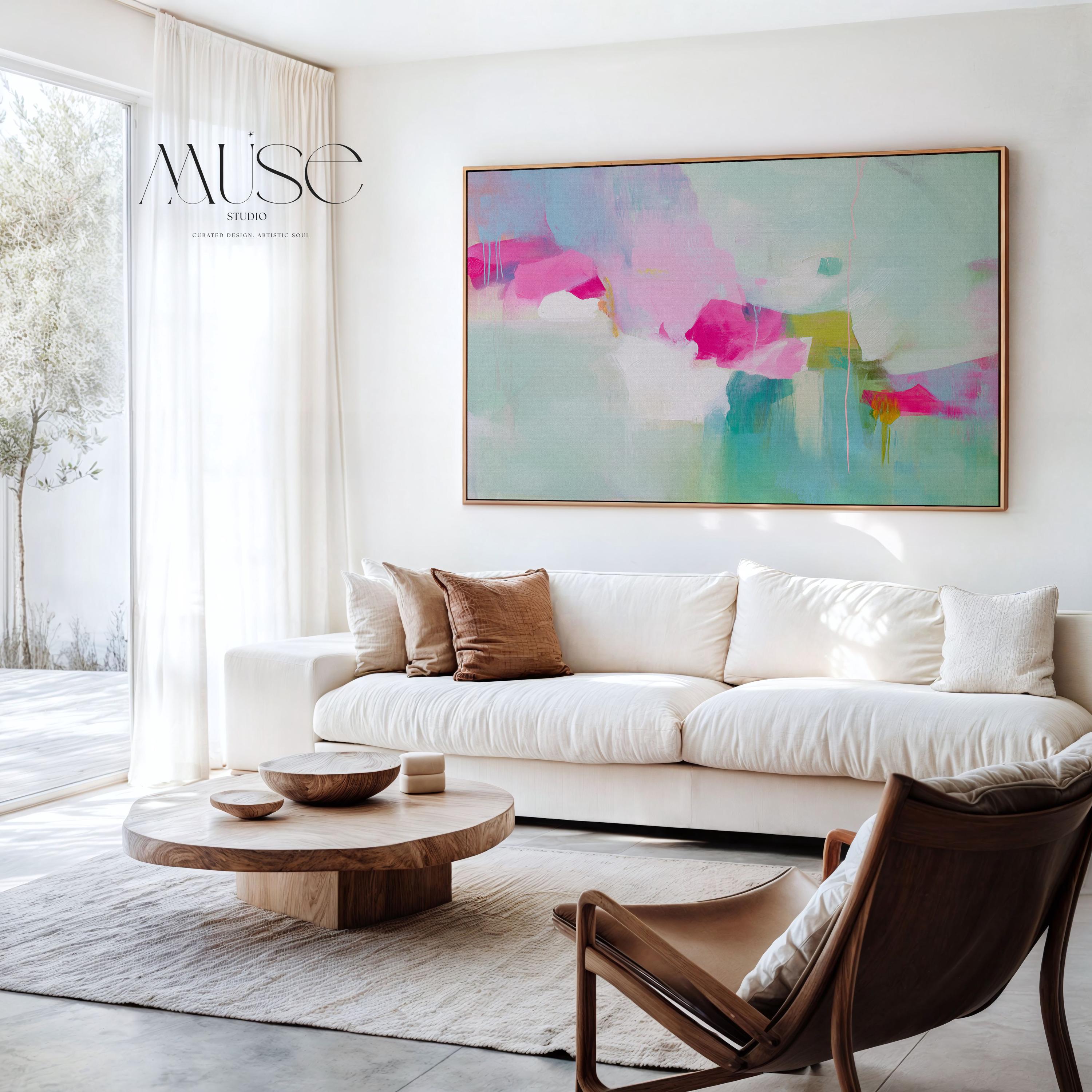 Large Abstract Canvas Wall Art in Pink & Aqua • Horizontal Framed Painting for Living Room Decor • Modern Statement Art 563