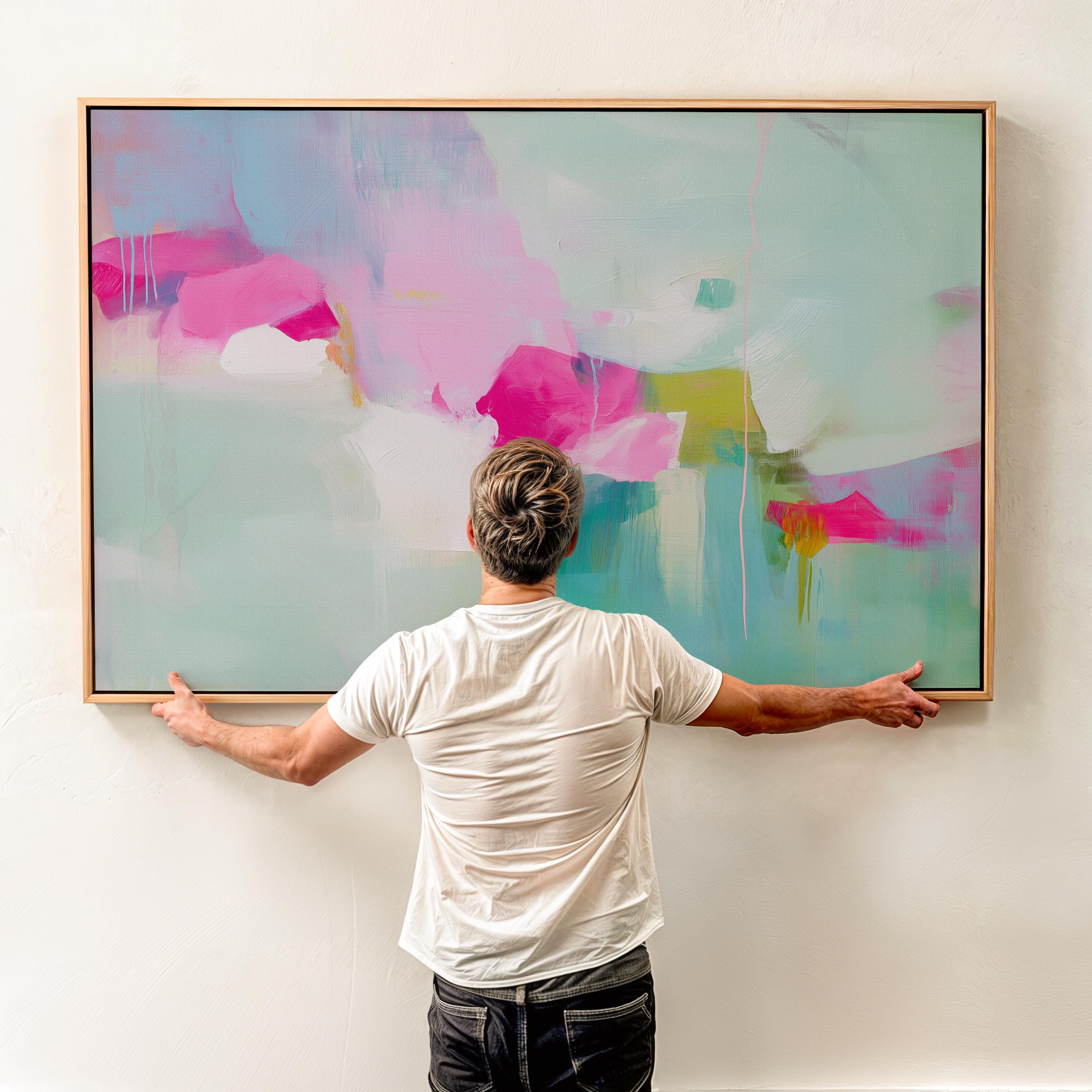 Large Abstract Canvas Wall Art in Pink & Aqua • Horizontal Framed Painting for Living Room Decor • Modern Statement Art 563