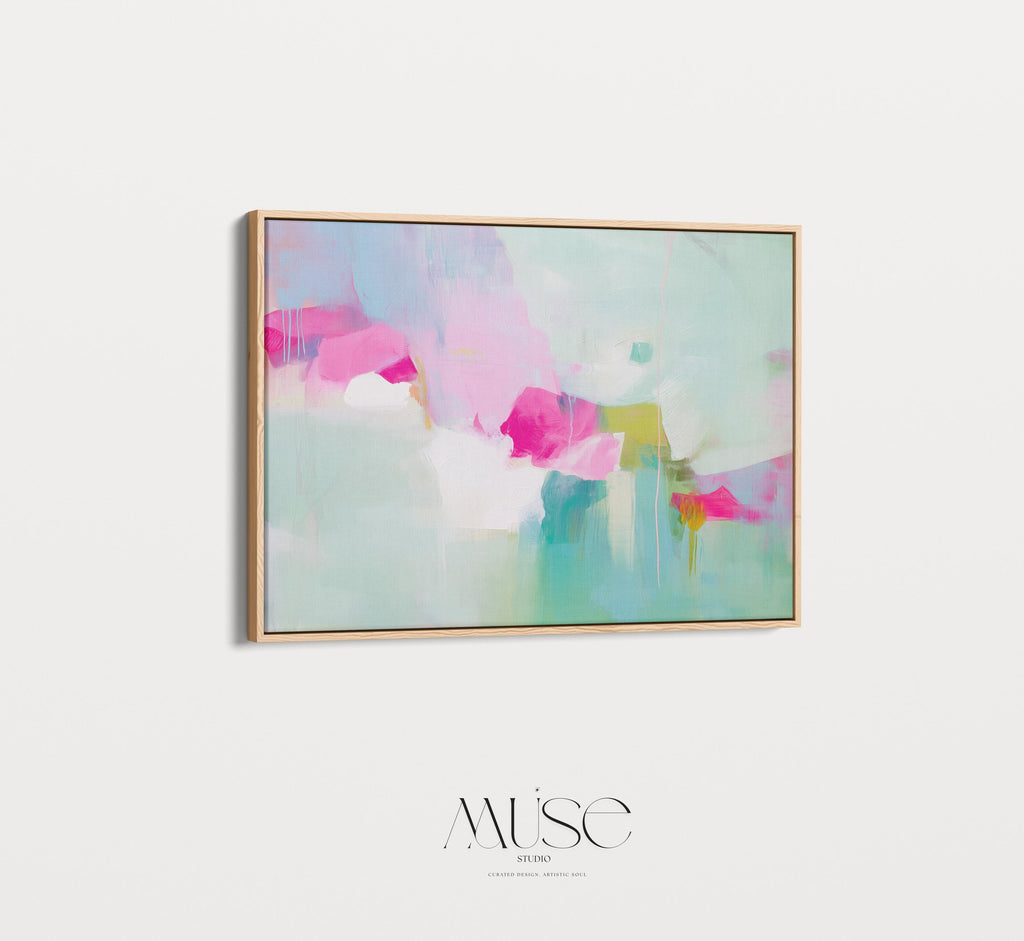 Large Abstract Canvas Wall Art in Pink & Aqua • Horizontal Framed Painting for Living Room Decor • Modern Statement Art 563