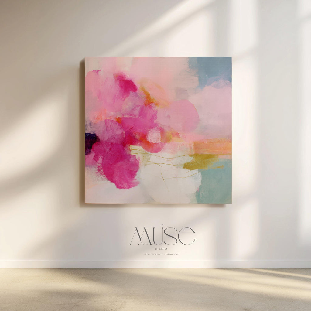 Square abstract canvas wall art featuring vivid pink, coral, and golden brushstrokes against a soft backdrop. Bold yet refined, this statement artwork suits transitional, boho, and soft contemporary interiors. Perfect for bedrooms, living rooms, or entryway decor. Available as framed or gallery-wrapped canvas.
