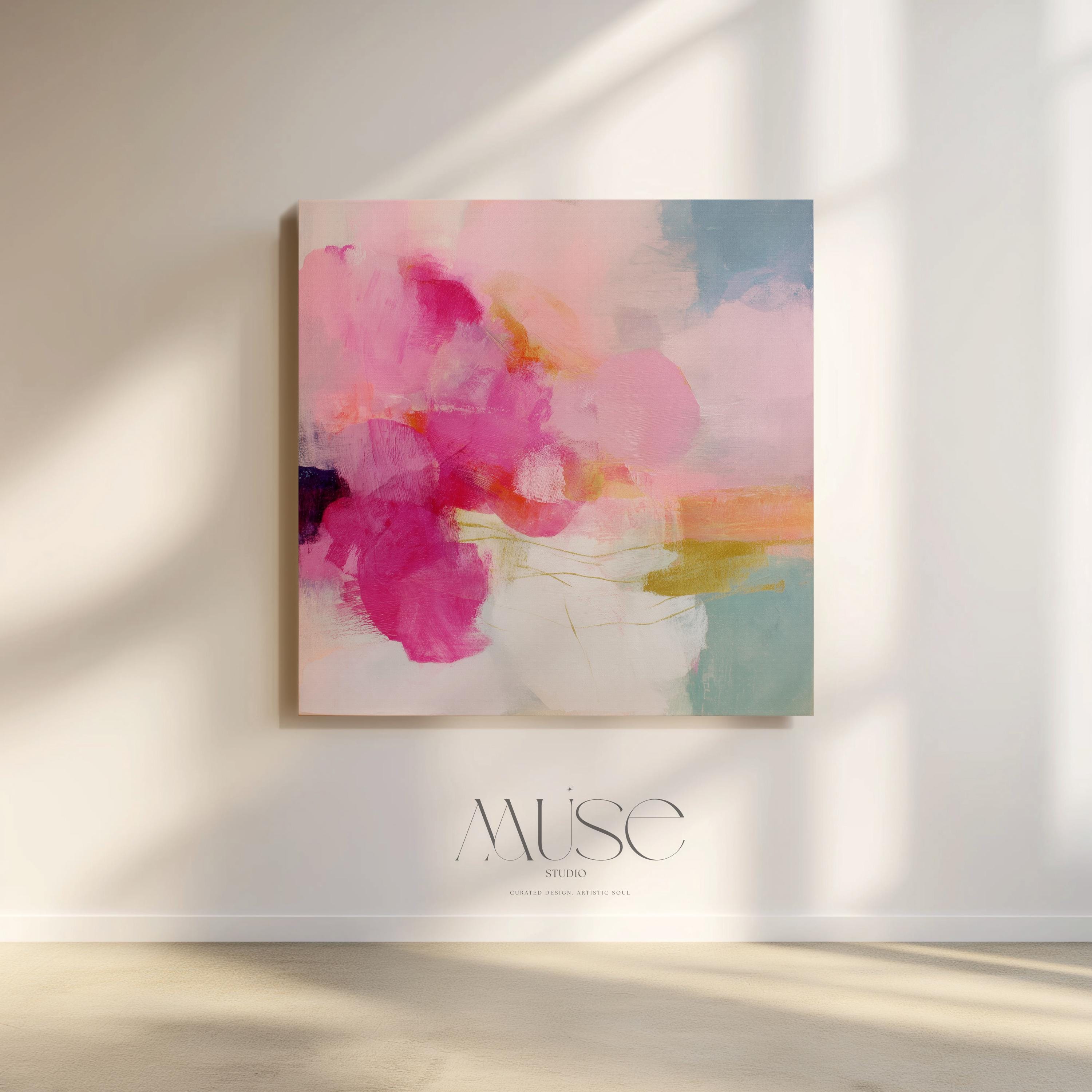 Square abstract canvas wall art featuring vivid pink, coral, and golden brushstrokes against a soft backdrop. Bold yet refined, this statement artwork suits transitional, boho, and soft contemporary interiors. Perfect for bedrooms, living rooms, or entryway decor. Available as framed or gallery-wrapped canvas.