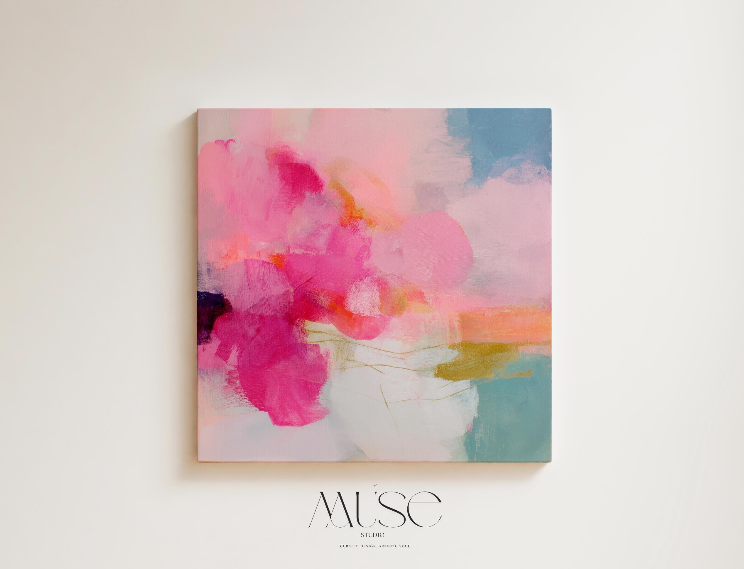 Square abstract canvas wall art featuring vivid pink, coral, and golden brushstrokes against a soft backdrop. Bold yet refined, this statement artwork suits transitional, boho, and soft contemporary interiors. Perfect for bedrooms, living rooms, or entryway decor. Available as framed or gallery-wrapped canvas.
