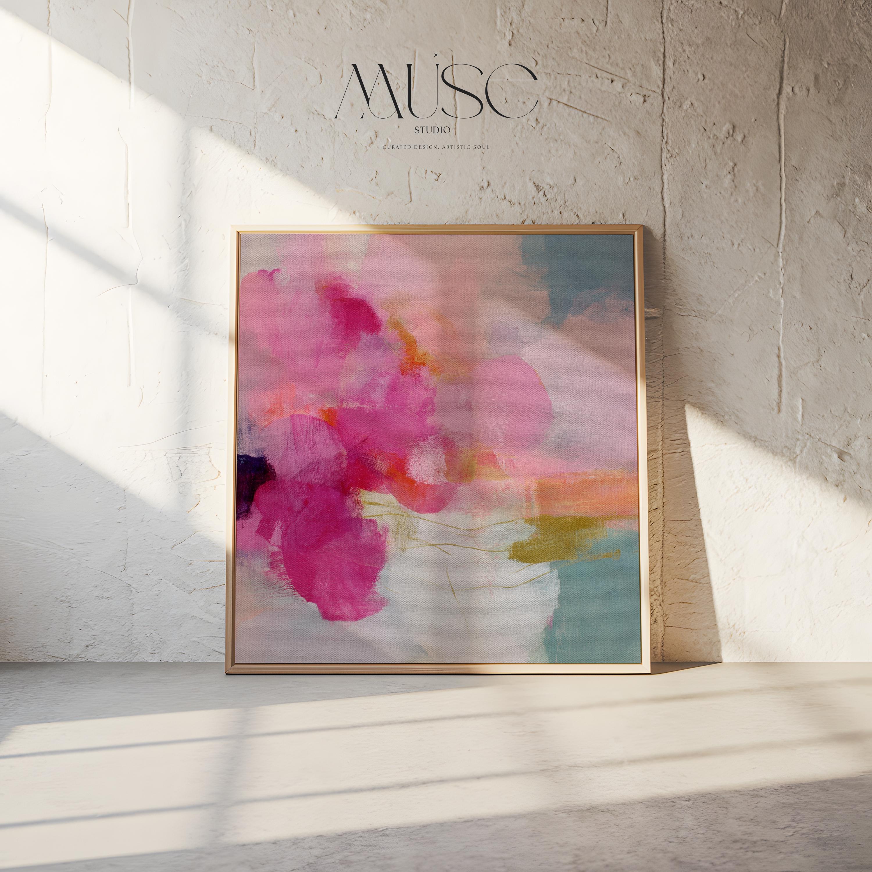 Framed square canvas wall art featuring bold pink and coral brushstrokes with teal and golden undertones. This abstract artwork blends boho, transitional, and soft contemporary design, perfect for bedrooms, living rooms, or entryway decor. Available as framed or gallery-wrapped canvas.