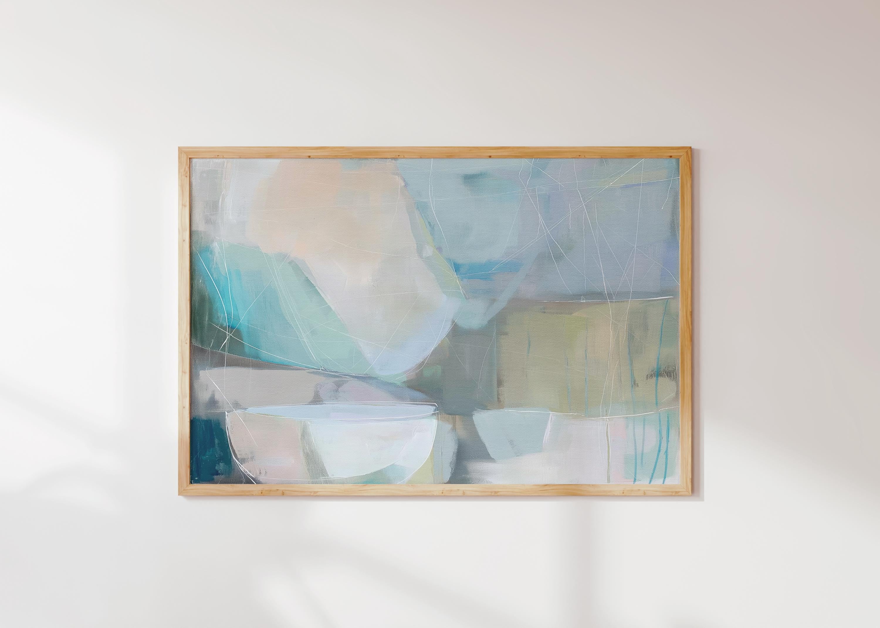 Horizontal abstract wall art in soft blue, aqua, and muted neutral tones displayed on a sunlit wall. Large modern canvas painting with pastel contemporary brushwork, ideal for living room, bedroom, or designer interior spaces. Available as a large canvas wall art print by Muse Studio.