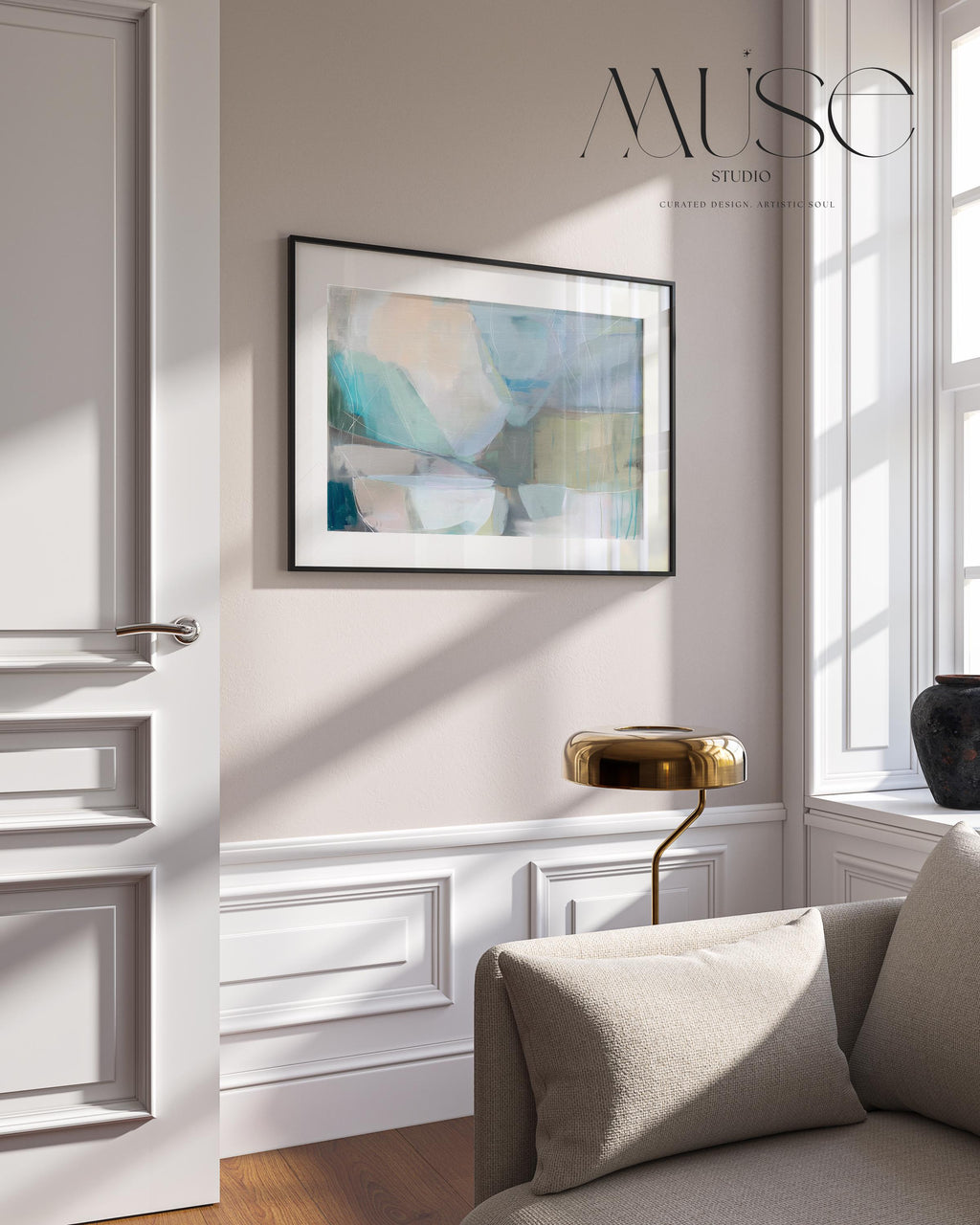 Horizontal abstract wall art in soft blue, aqua, and muted neutral tones displayed on a sunlit wall. Large modern canvas painting with pastel contemporary brushwork, ideal for living room, bedroom, or designer interior spaces. Available as a large canvas wall art print by Muse Studio.