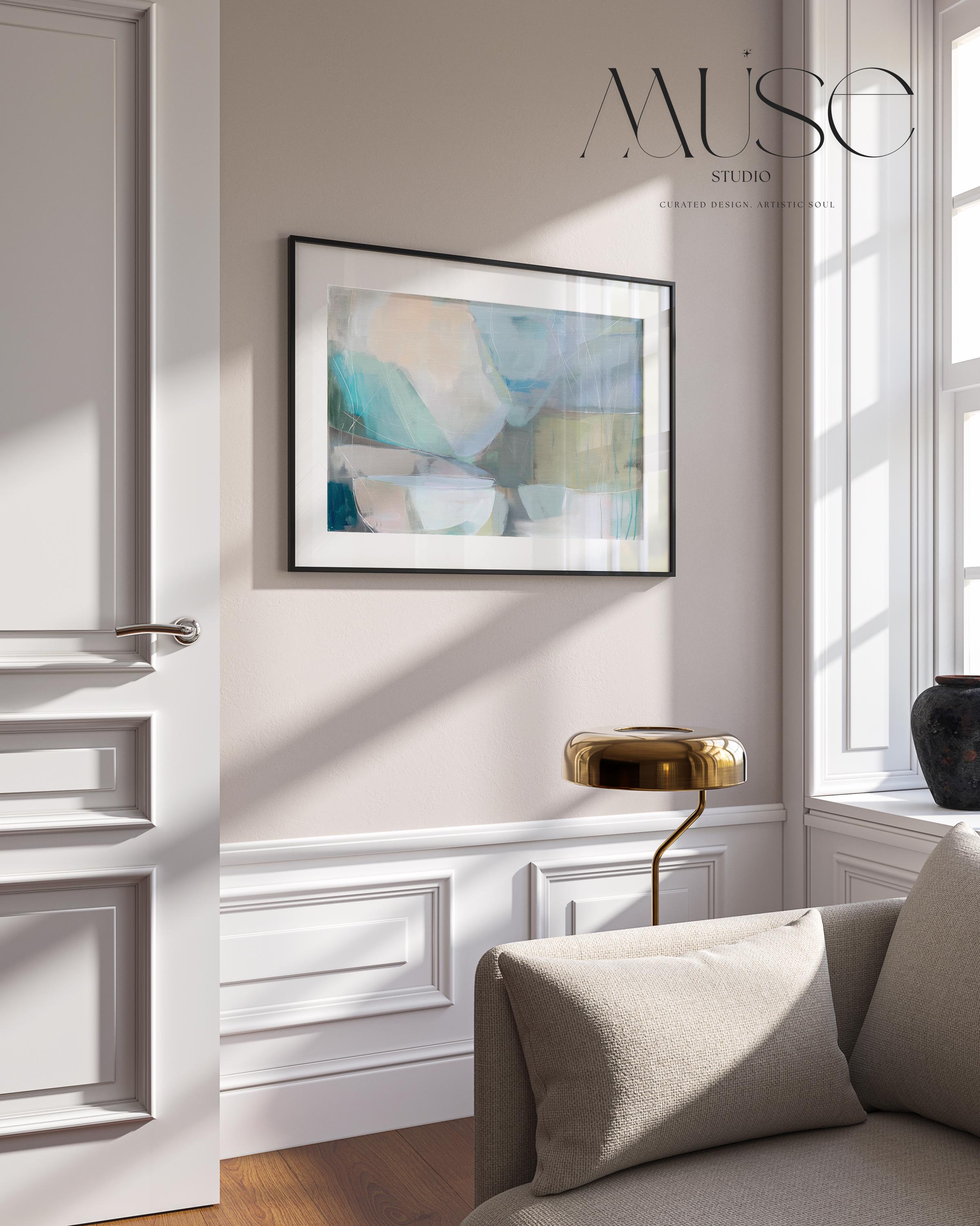 Horizontal abstract wall art in soft blue, aqua, and muted neutral tones displayed on a sunlit wall. Large modern canvas painting with pastel contemporary brushwork, ideal for living room, bedroom, or designer interior spaces. Available as a large canvas wall art print by Muse Studio.